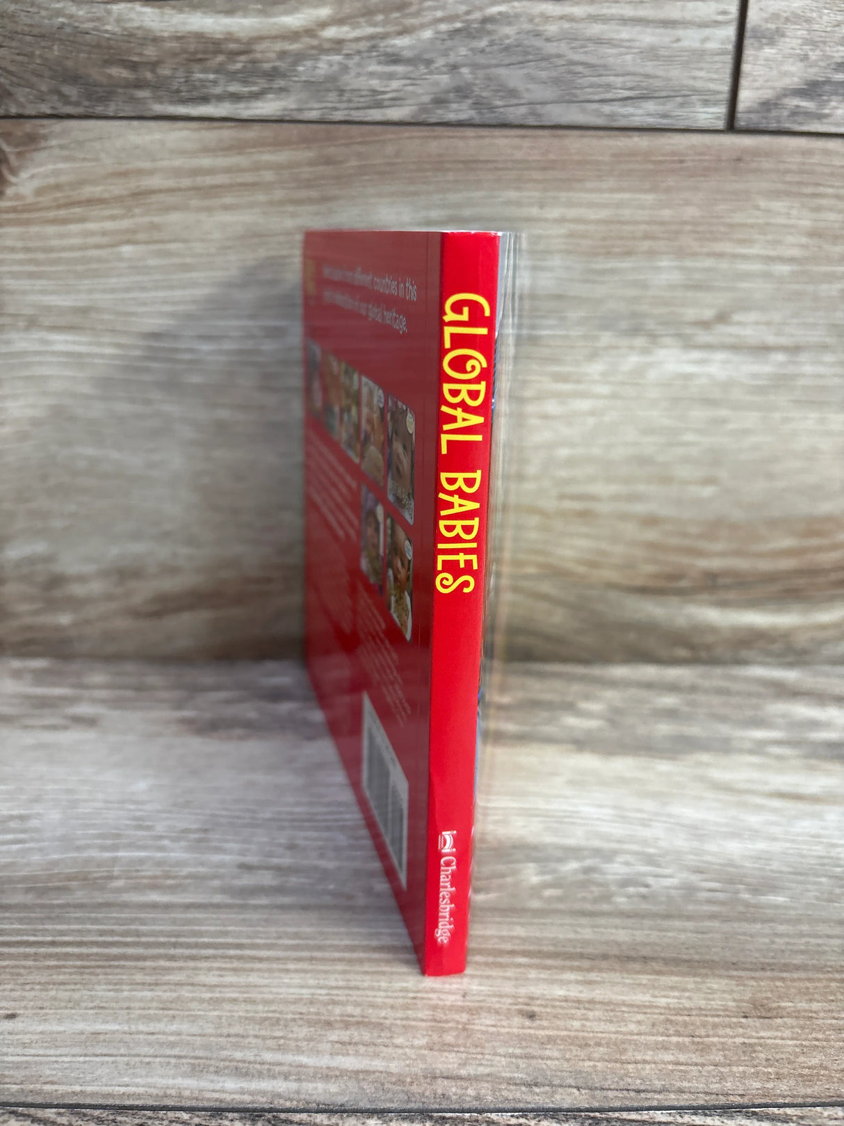 Red spine of the book titled Global Babies by Charlesbridge on wooden surface
