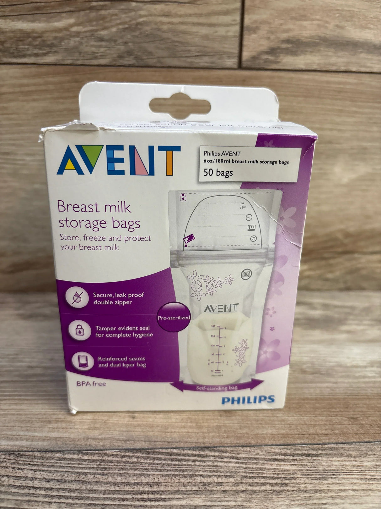 Philips AVENT breast milk storage bags box with 50 pre-sterilized leak-proof, BPA-free bags