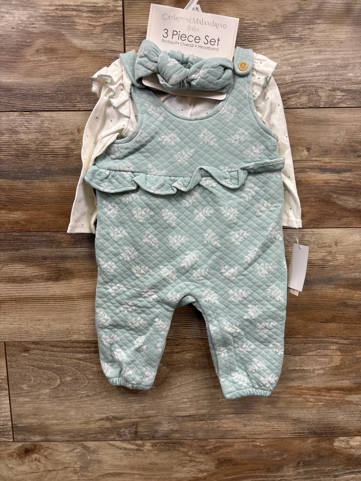 NEW Catherine Maladroino Baby 3pc Leaf Print Overall Set Blue sz 6-9m