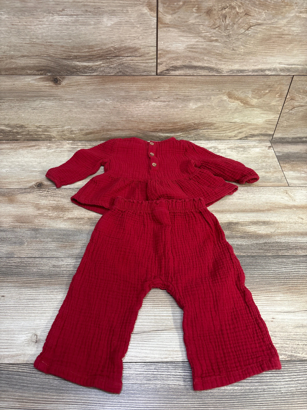 Front view of Cat & Jack red 2pc Gauze Long Sleeve Top and Pants Set with button-front top and wide-leg pants