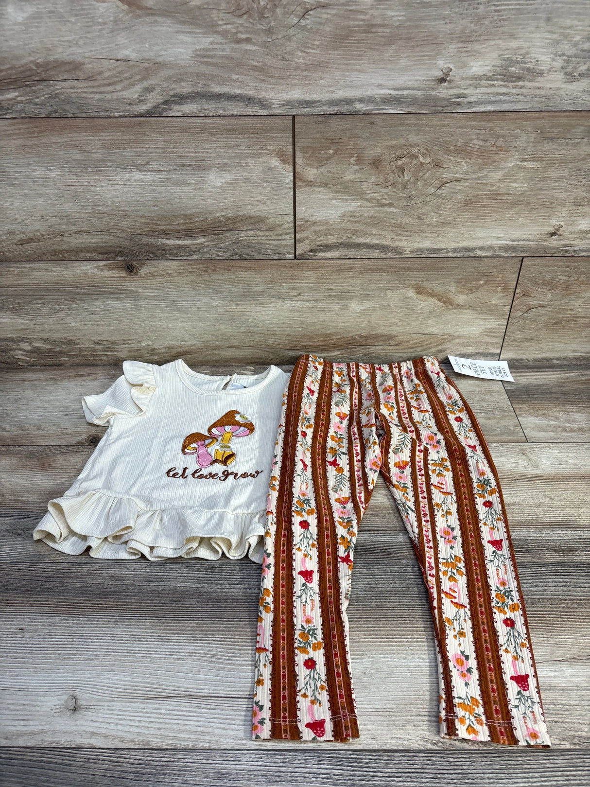 NEW Rare Editions 2pc Let Love Grow Mushroom Shirt & Pants Set Cream sz 4T