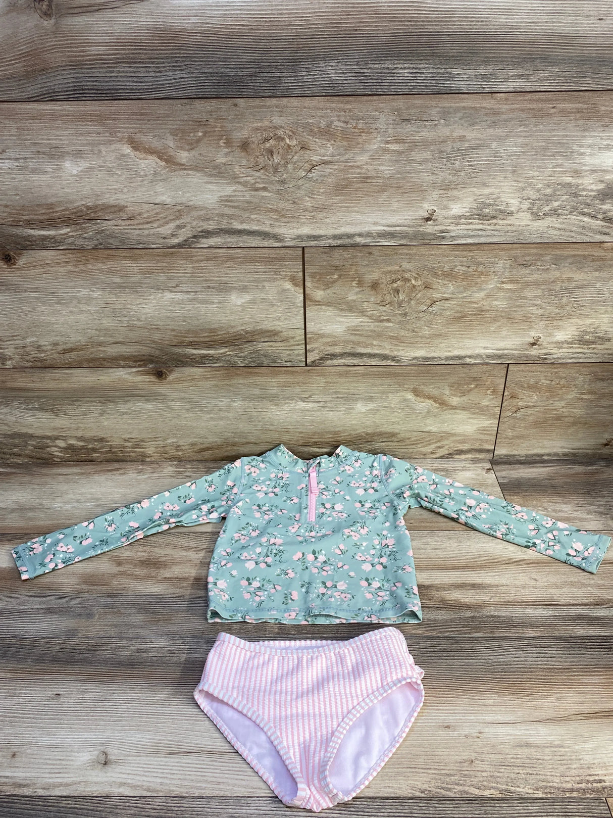 Ruffle Butts 2pc Tea Roses Rashguard Swimsuit Set Green sz 4T