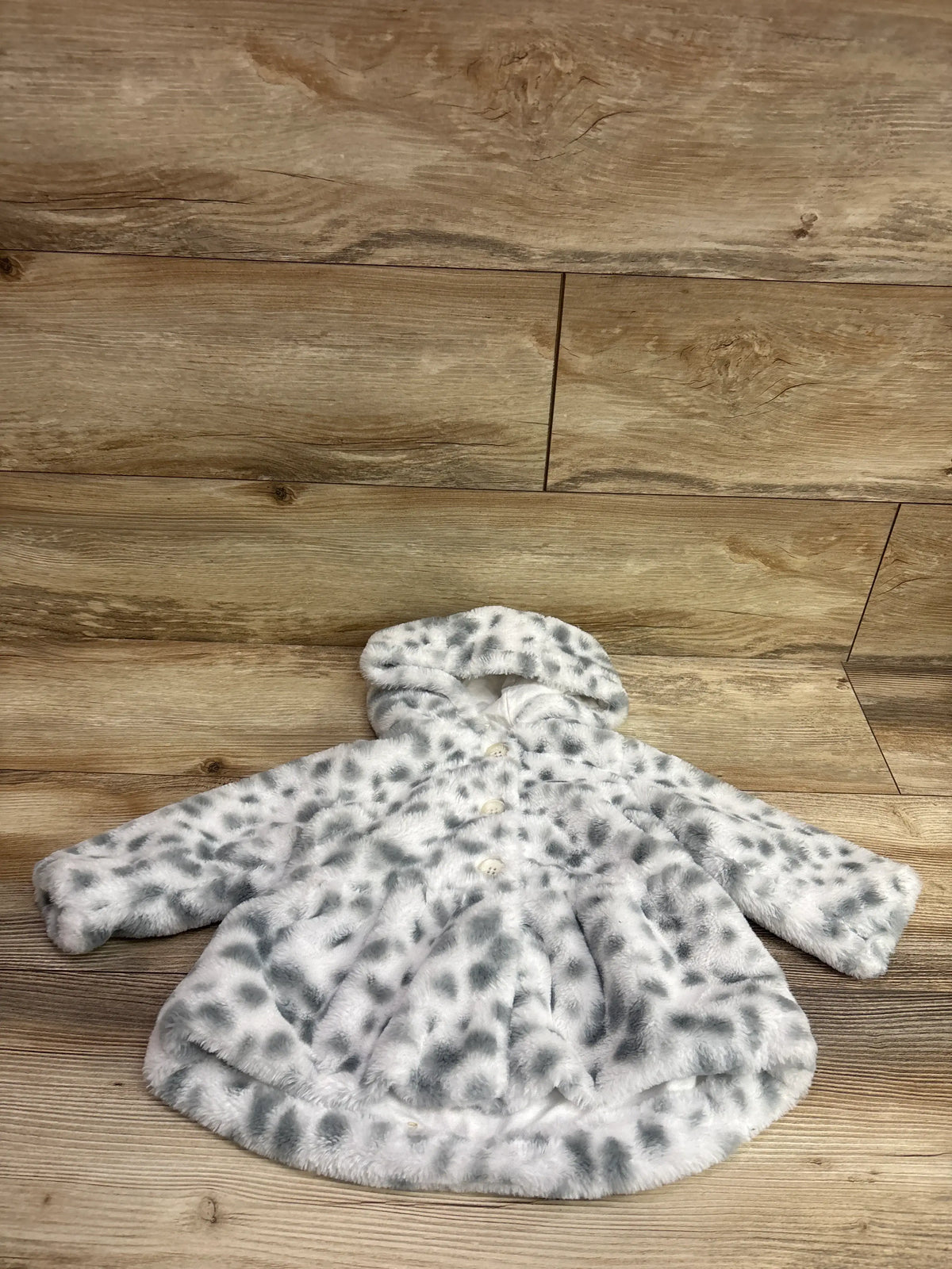 First Impressions plush white and grey leopard print button-up jacket with hood for infants