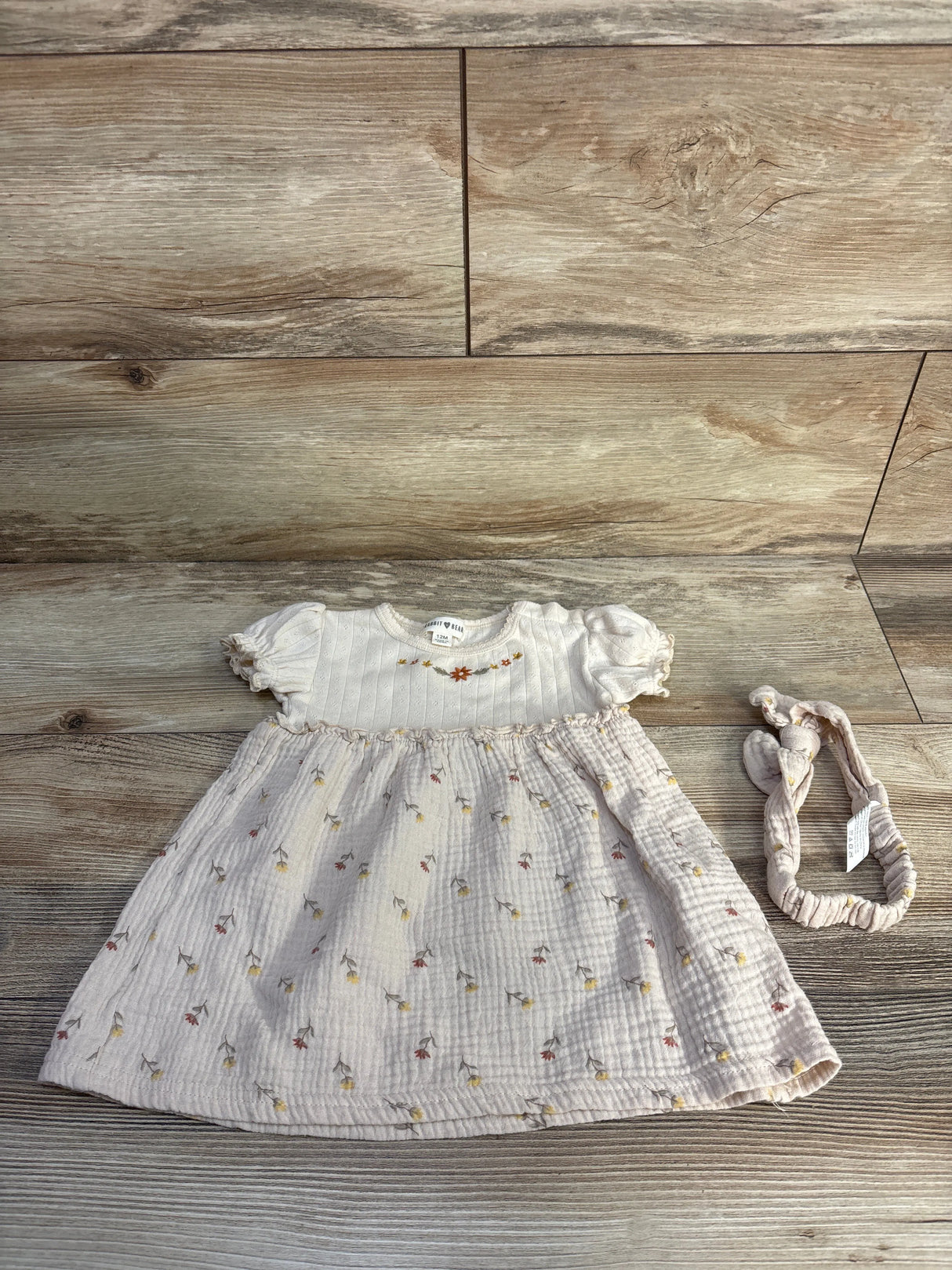 Rabbit + Bear Organic 2pc Gauze Embroidered Dress & Headband Set Beige sz 12m