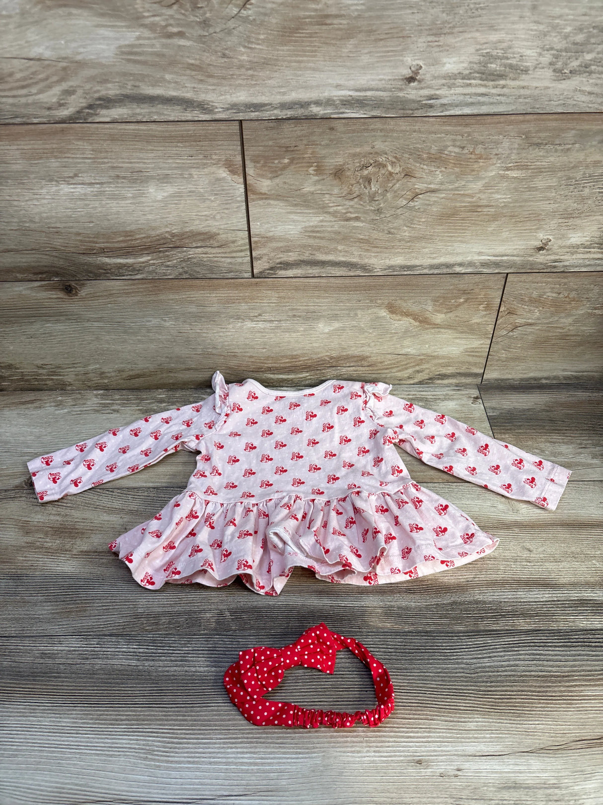 Disney Store 2pc Minnie Mouse Long Sleeve Peplum Top & Headband Set Pink sz 18-24m