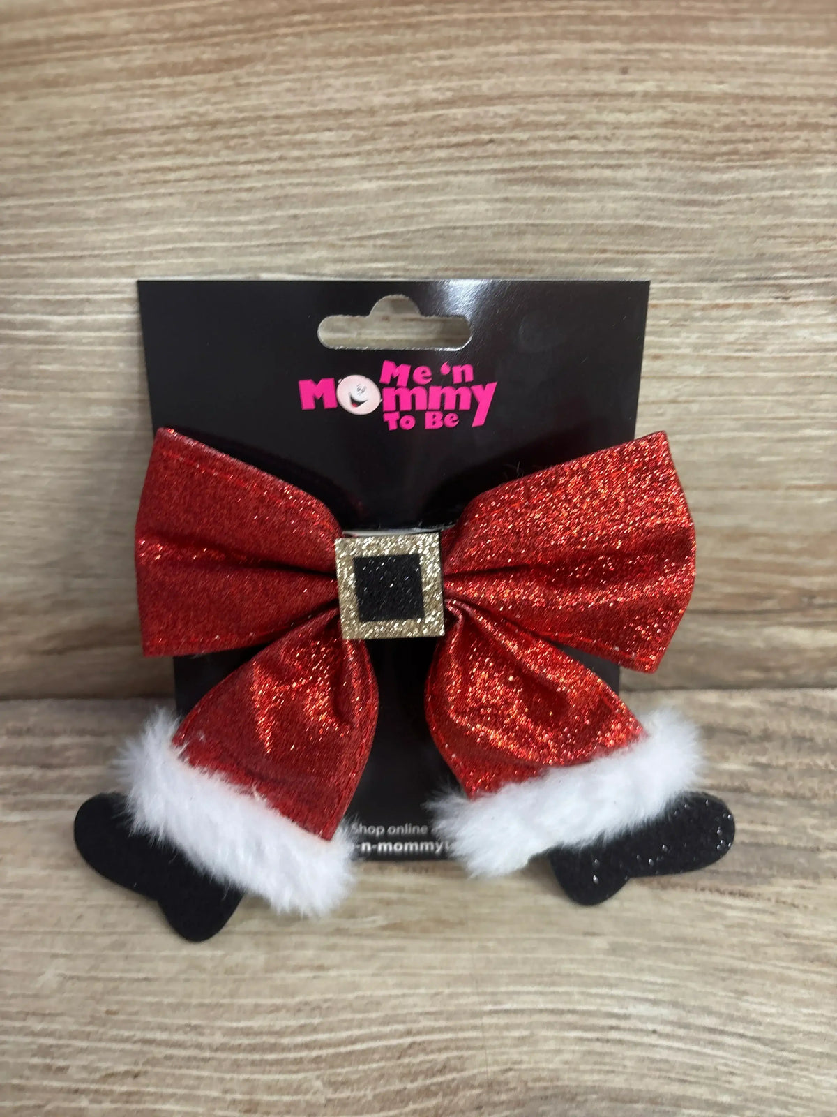 Red glitter Santa bow with white fur trim and gold buckle, kids holiday hair accessory