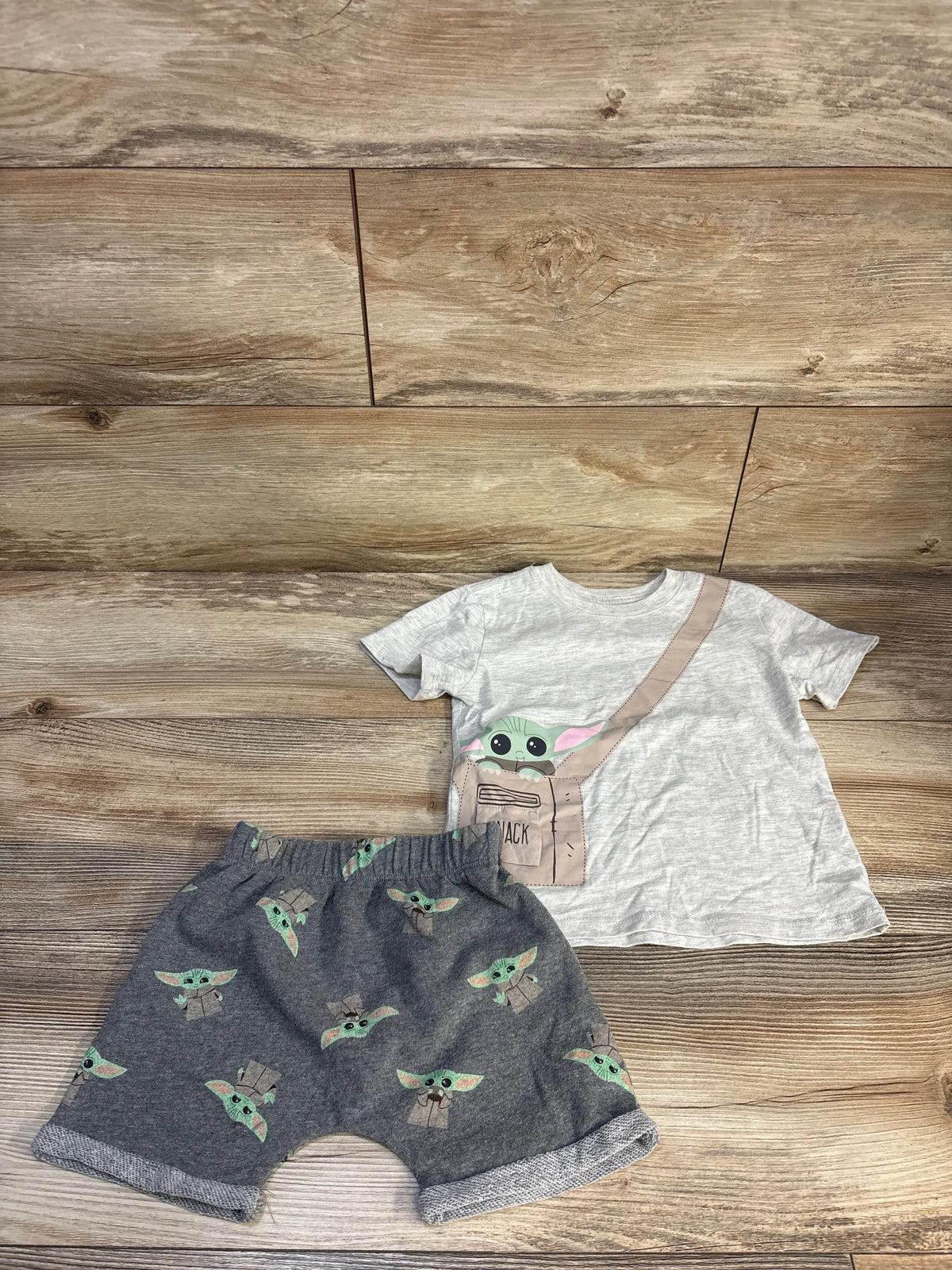 Top view of Star Wars 2pc Yoda shirt and shorts set in Grey, showing a Yoda graphic shirt and patterned shorts
