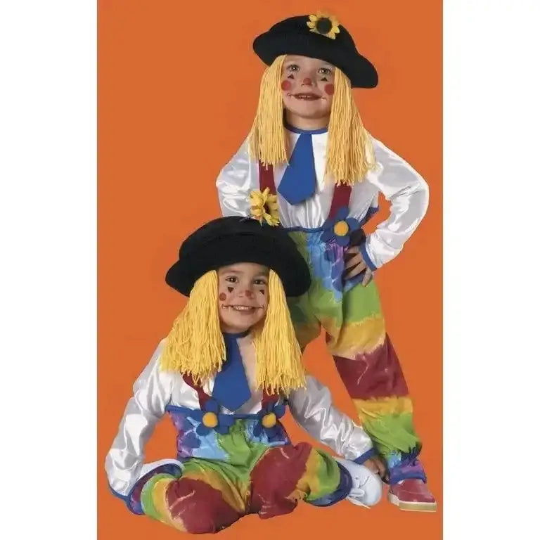 Front view of Rubie’s Yarn Babies Colorful Clown costume on two children, showing colorful overalls, yarn wigs, and black hats