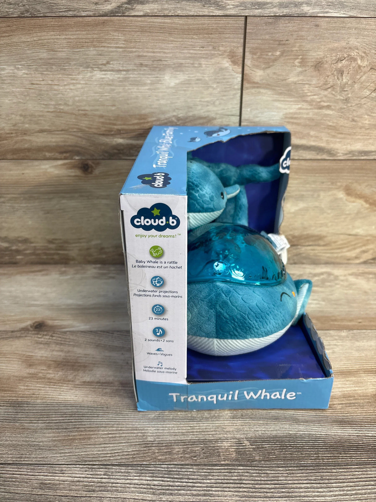 Cloud b Tranquil Whale plush toy in retail box, blue whale night light for kids