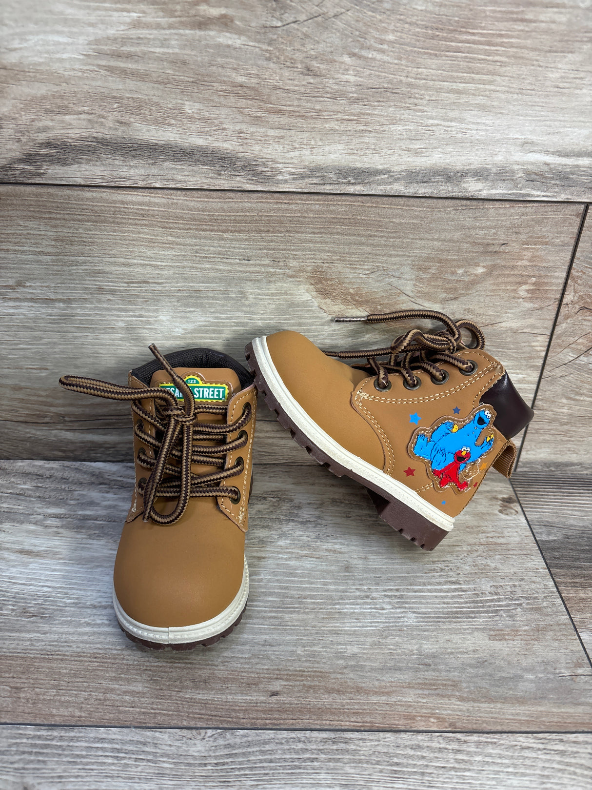 Sesame Street Elmo & Cookie Monster Lace-Up Boots Brown sz 6c