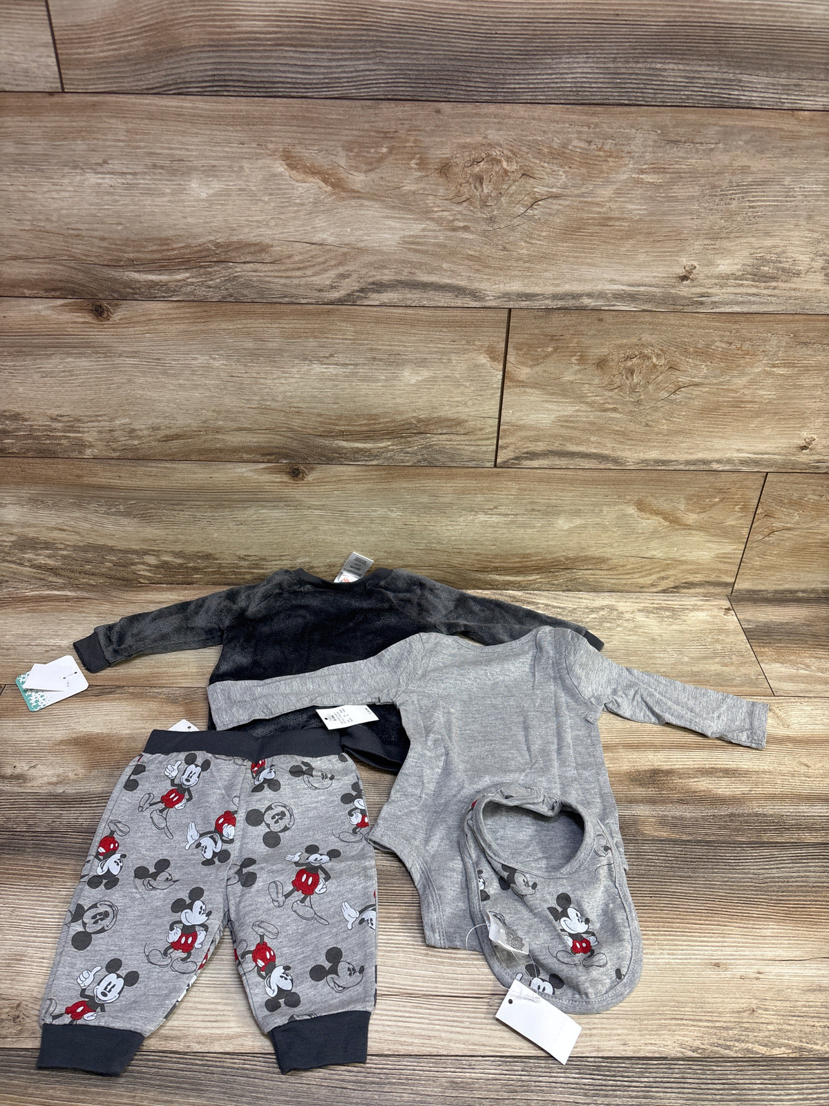 NEW Disney Baby 4pc Mickey Mouse Plush Sweatshirt Set Grey sz 6/9m