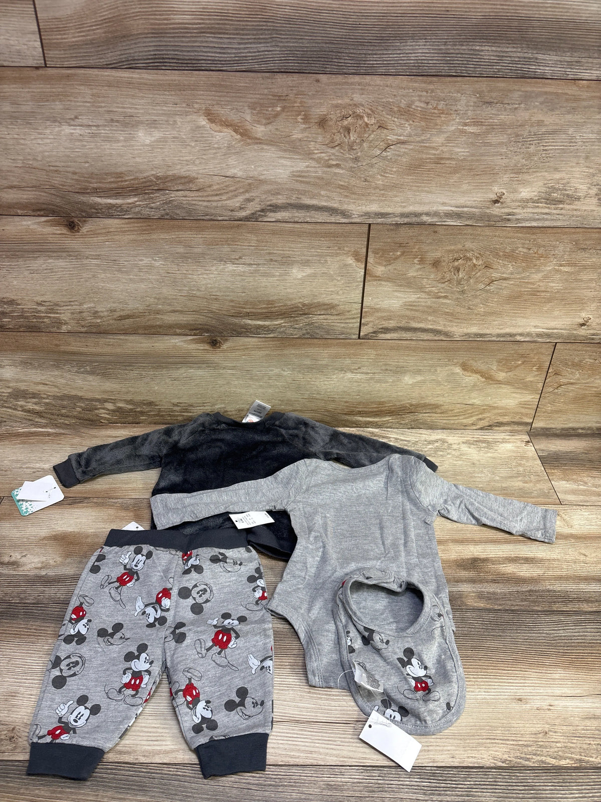 NEW Disney Baby 4pc Mickey Mouse Plush Sweatshirt Set Grey sz 6/9m