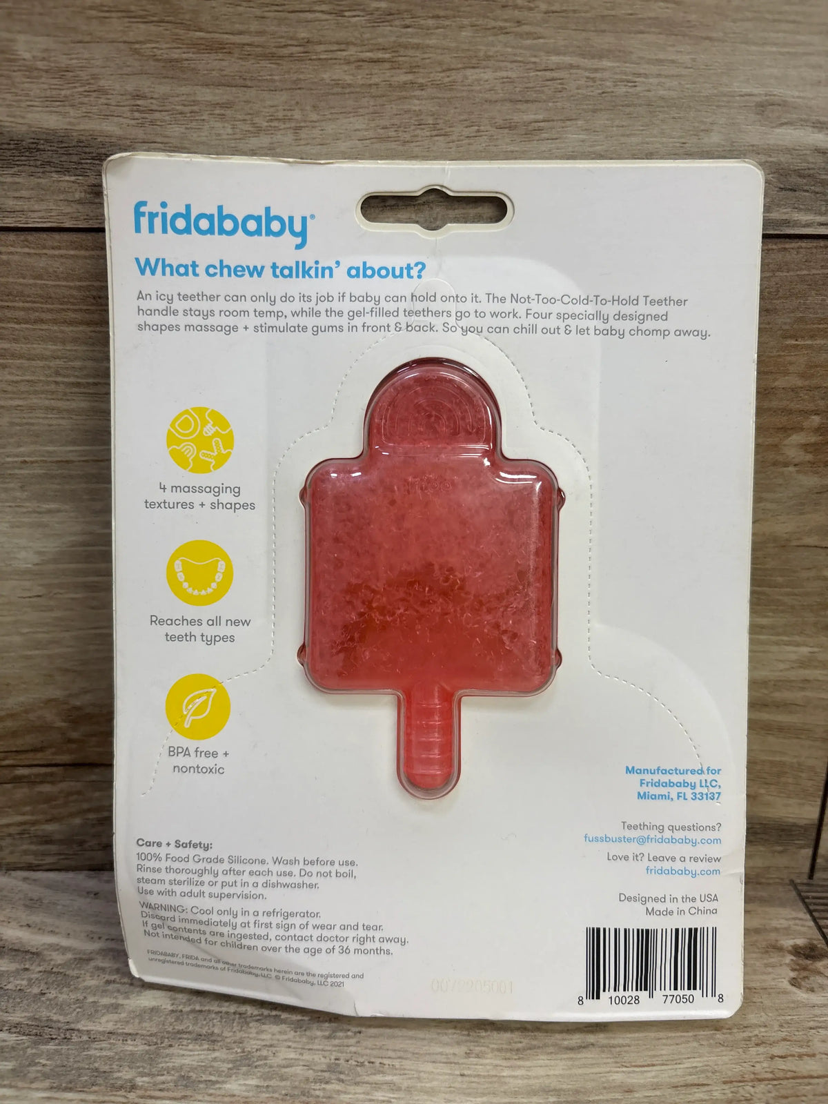 Front view of FridaBaby Not Too Cold To Hold Teether in packaging showcasing four massaging textures and shapes