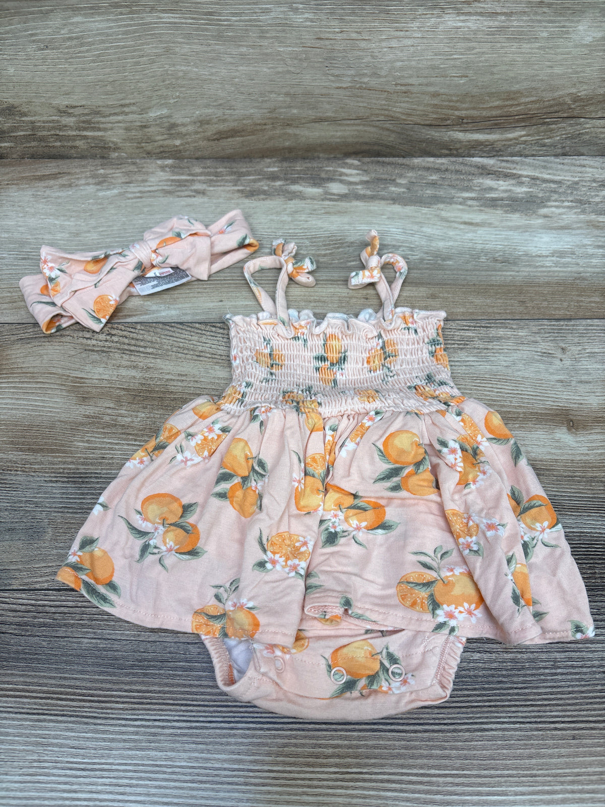 Milkberry 2pc Bamboo Smocked Bodysuit Dress & Headband Set Peach sz 0-3m