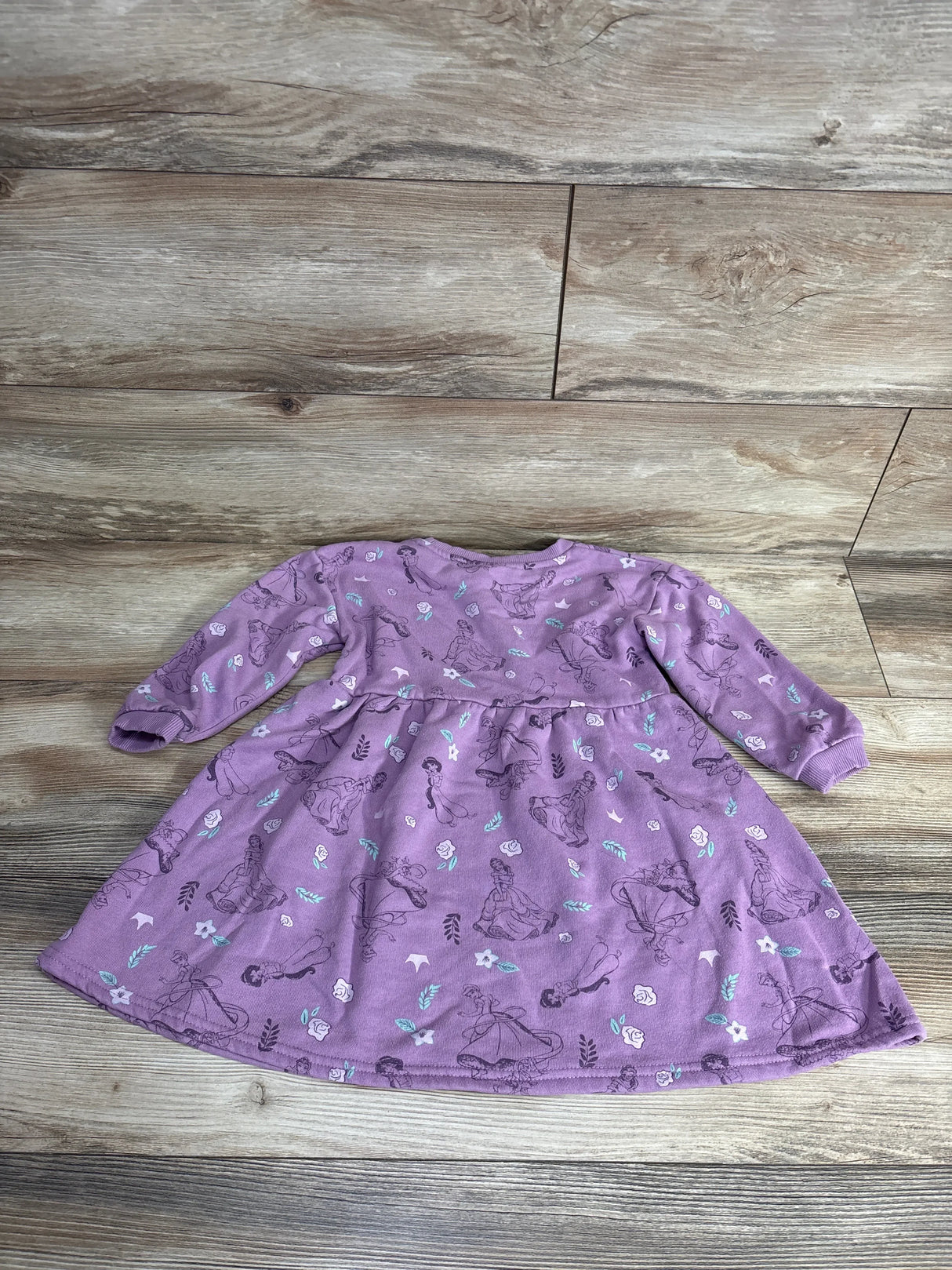 Purple long sleeve toddler dress with princess and floral print on wood floor
