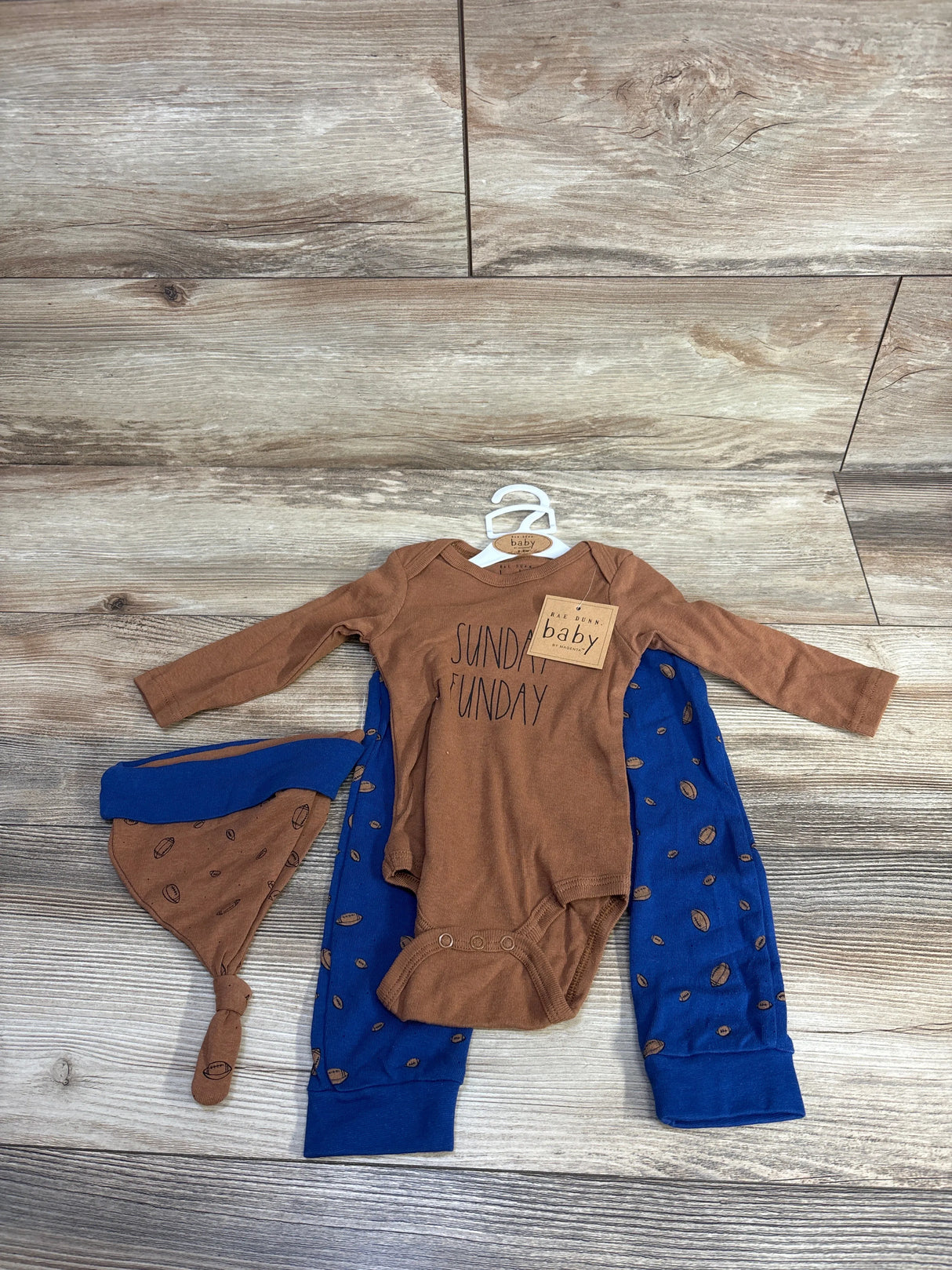 NEW Rae Dunn 3pc Sunday Funday Bodysuit Set Brown sz 6-9m