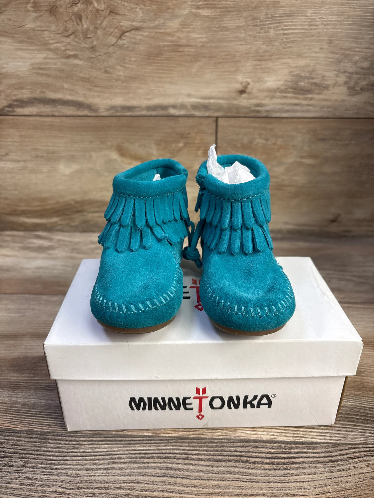 NEW MinneTonka Double Fringe Side Zip Booties Turquoise sz 5c