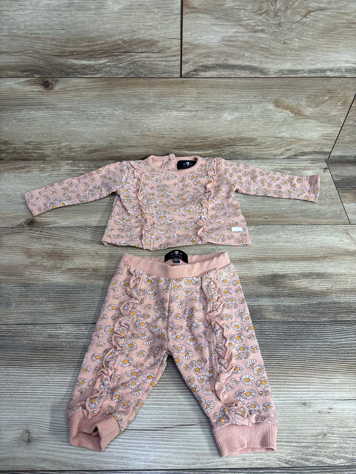 7 For All Mankind 2pc Daisy Ruffled Sweatshirt & Bottoms Set Pink sz 3-6m