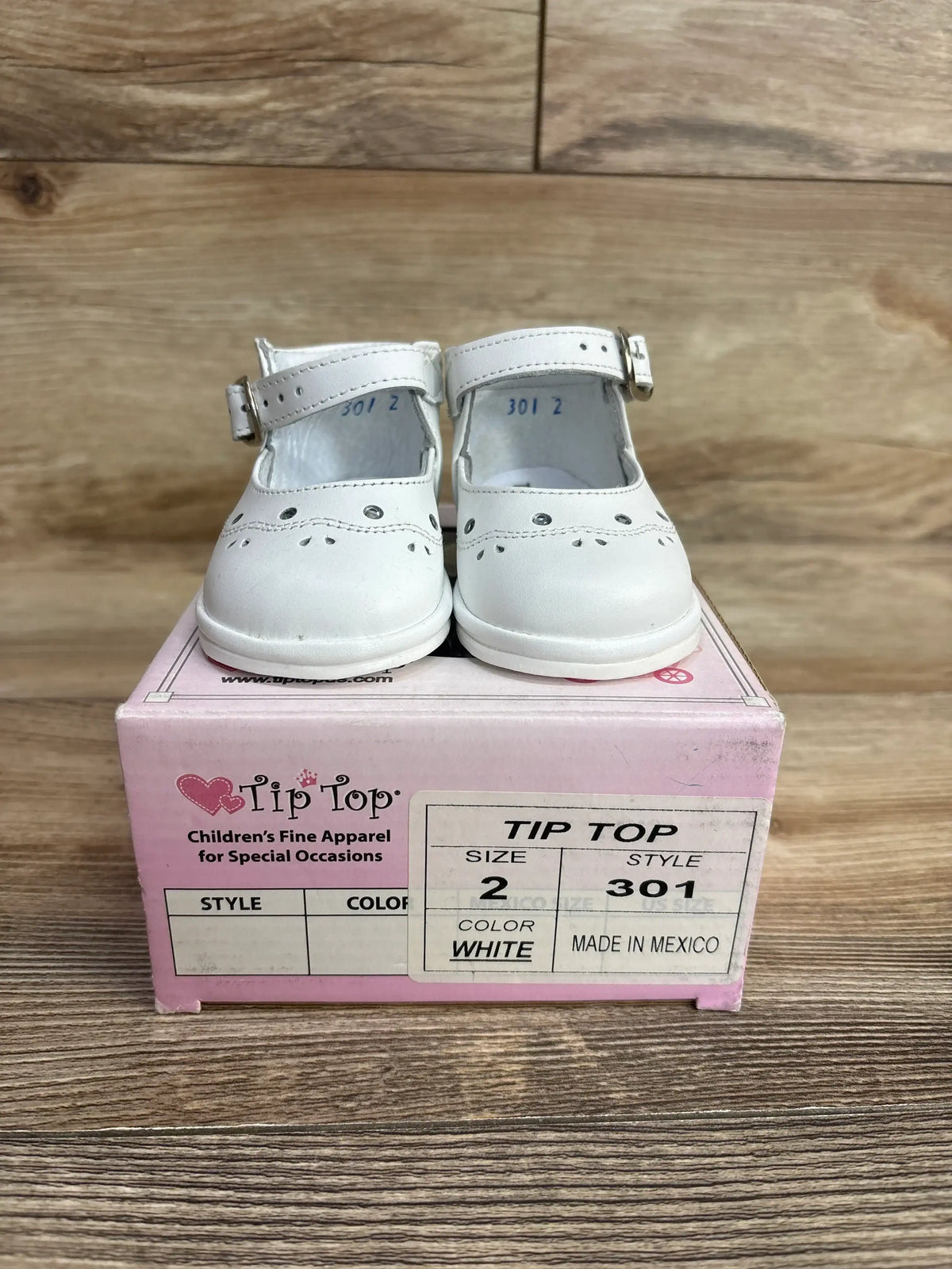 White Tip Top brand children's size 2 dress shoes with strap, on pink box labeled made in Mexico