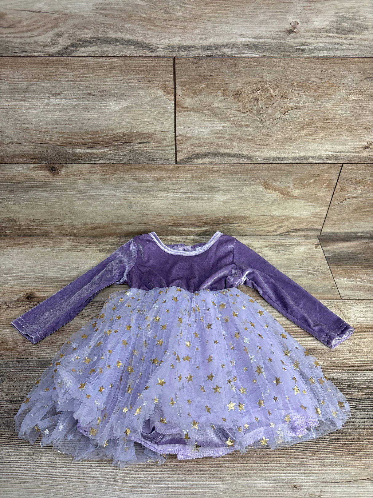 Purple velvet long-sleeve dress with gold star tulle skirt for toddler girls