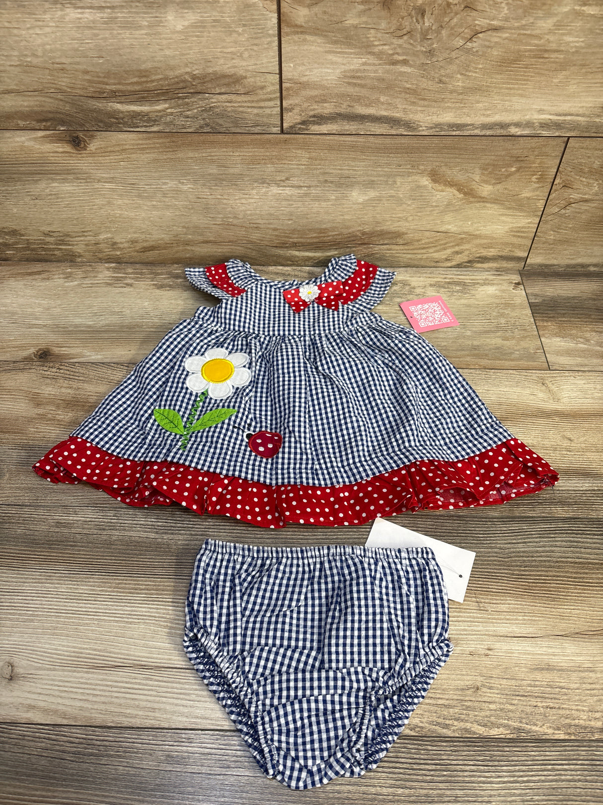 NEW Rare Editions 2pc Embroidered Seersucker Dress & Bloomers Set Blue sz 6-9m