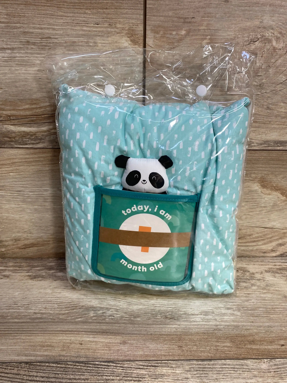 Front of Panda Crate milestone pillow with panda head and pocket card reading today i am month old, in clear bag