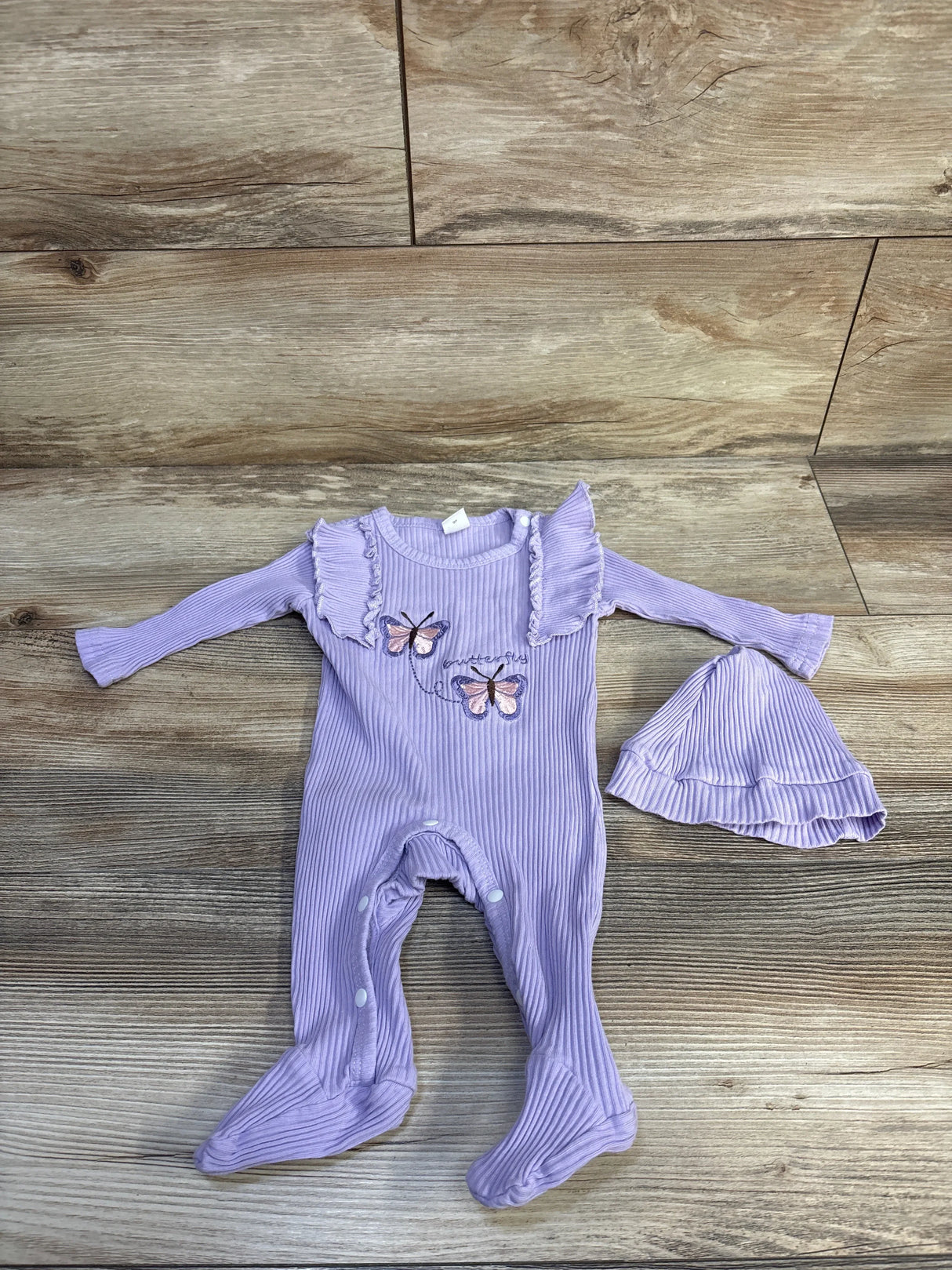 Shein 2pc Embroidered Ruffle Sleeper & Hat Set Purple sz 1-3m
