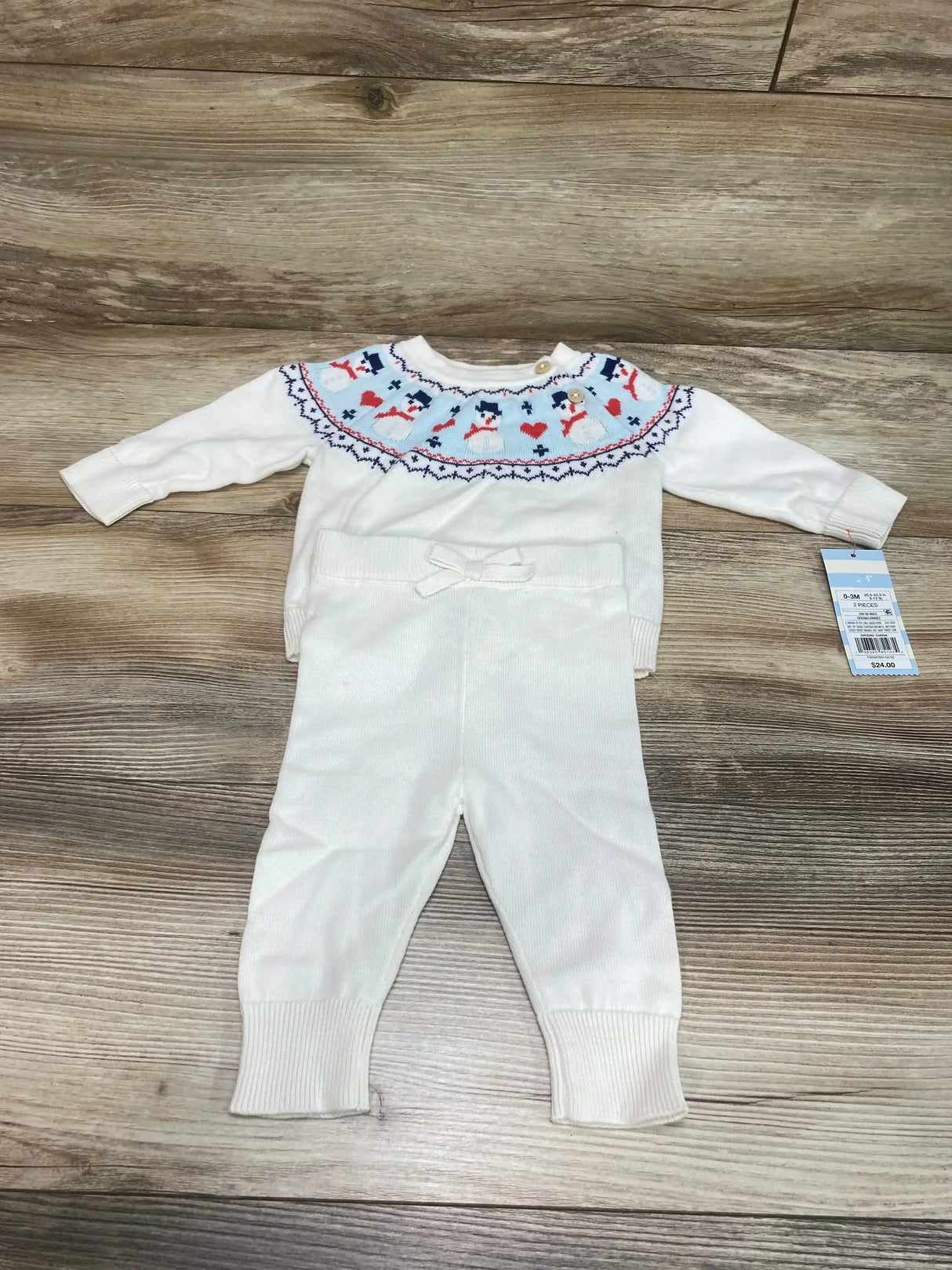 Front view of Cat & Jack 2-piece baby Fair Isle sweater set with snowman motif and matching pants on white background