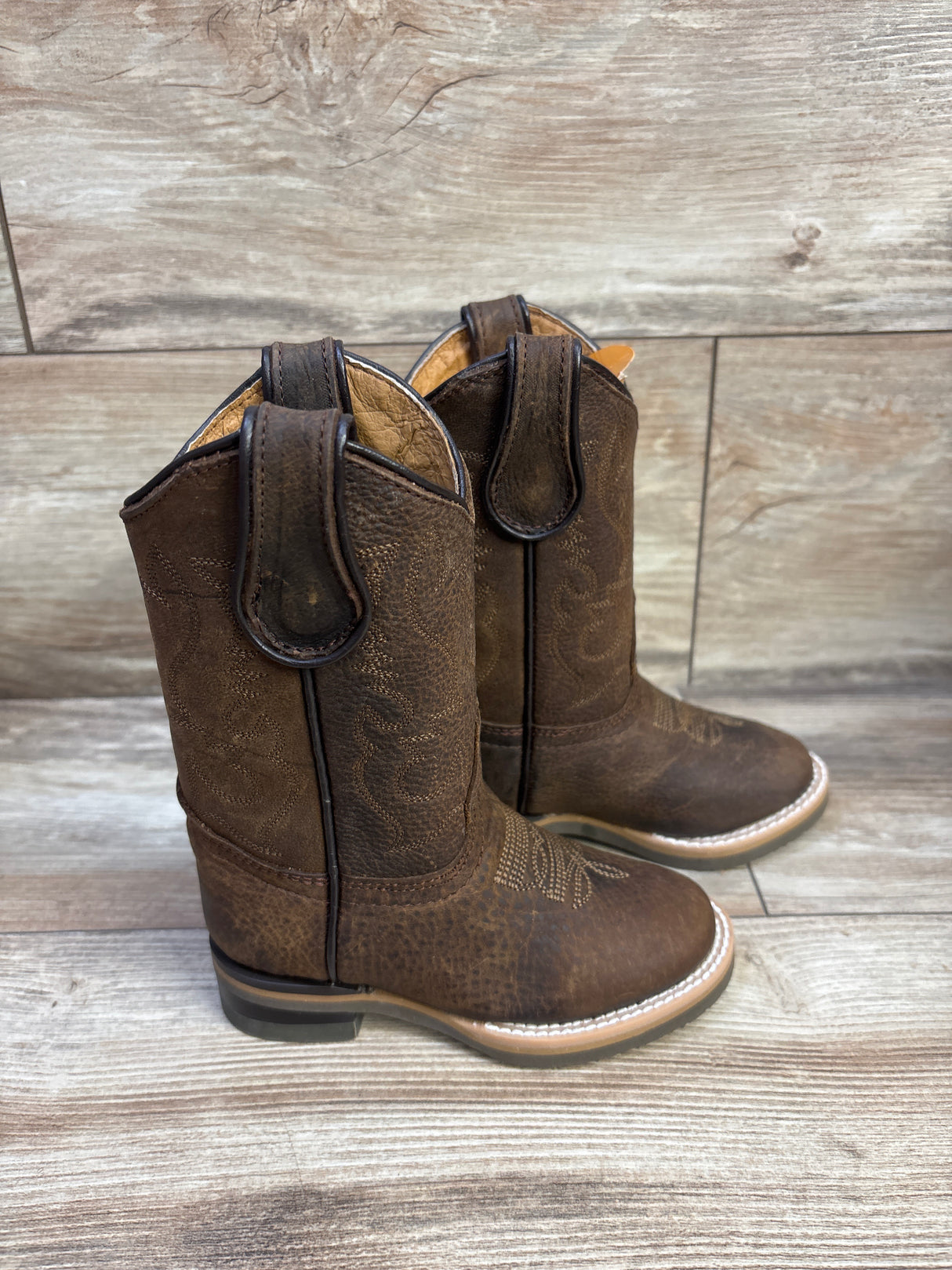NEW Soto Boots Kids Round Toe Leather Western Boots Brown sz 8c
