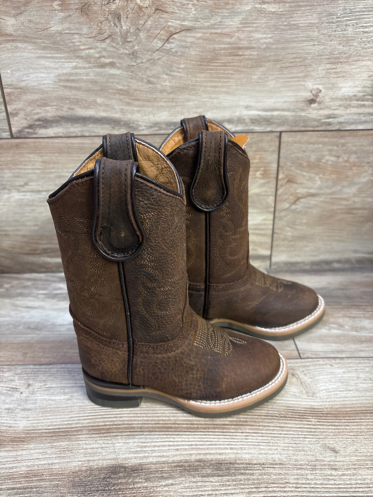 NEW Soto Boots Kids Round Toe Leather Western Boots Brown sz 8c