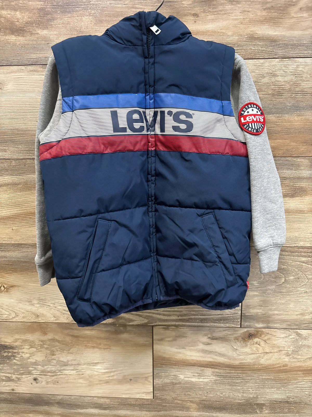 Blue and grey Levi's 2fer puffer jacket for kids size 5-6T with red and blue stripes