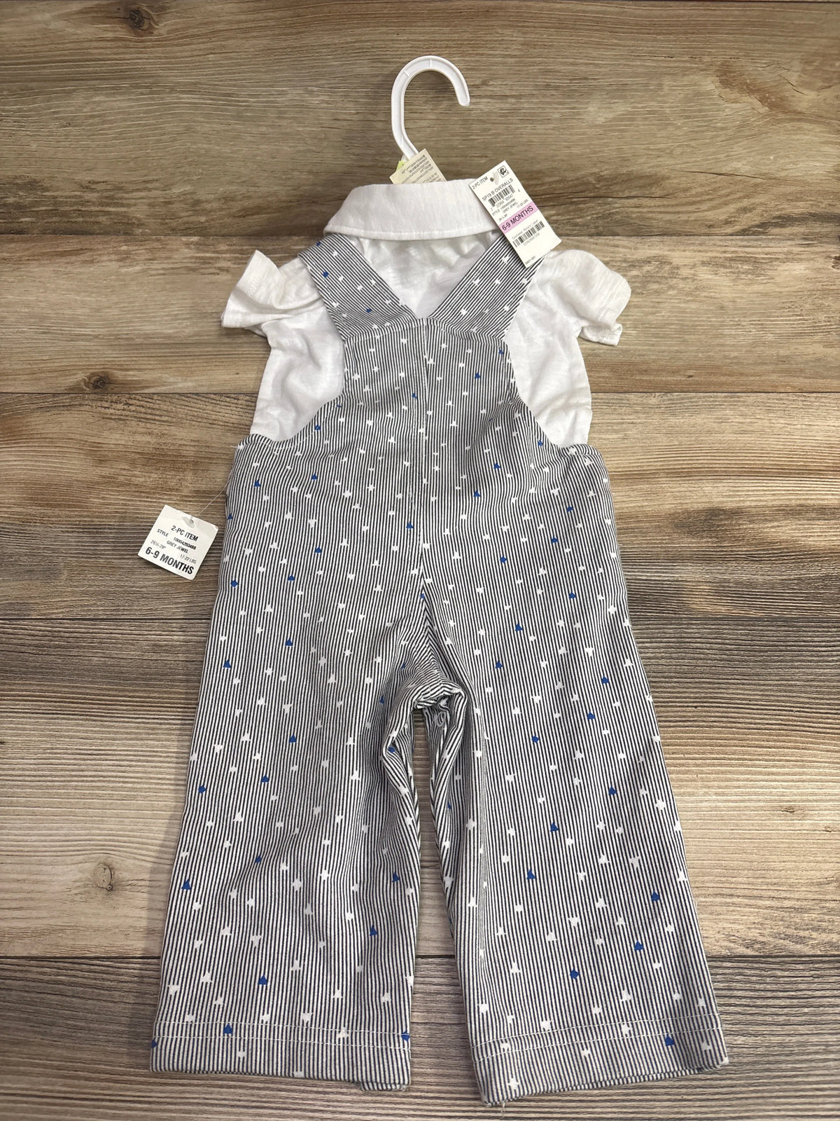 First Impressions 2pc baby set with white polo shirt and blue striped overalls, size 6-9 months
