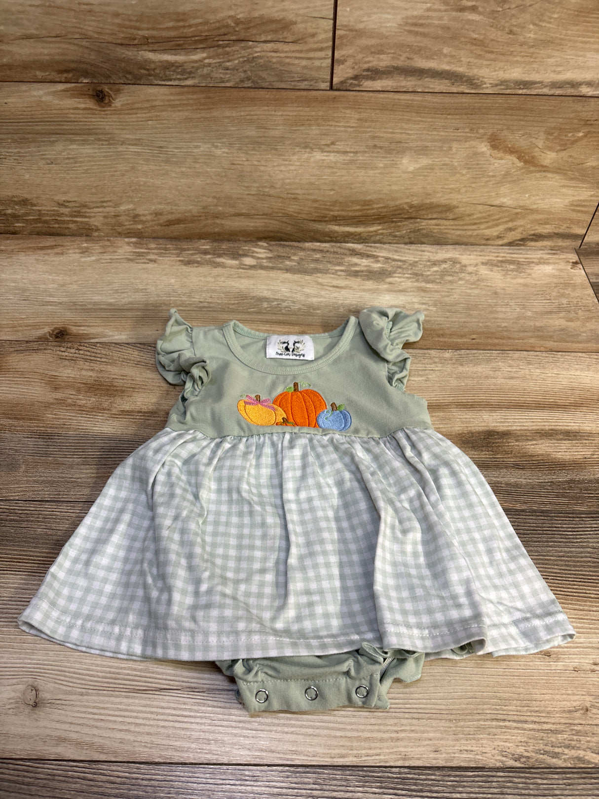Moo Cow Designs Embroidered Pumpkin Bodysuit Dress Mint Green sz 6-12m