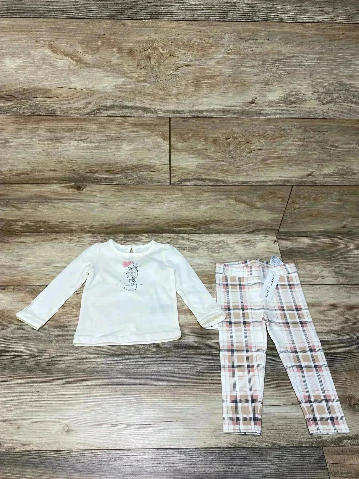NEW Janie & Jack Cream and Sugar Winter Fox Tee & Plaid Ponte Pants sz 12-18m - Me n Mommy To Be