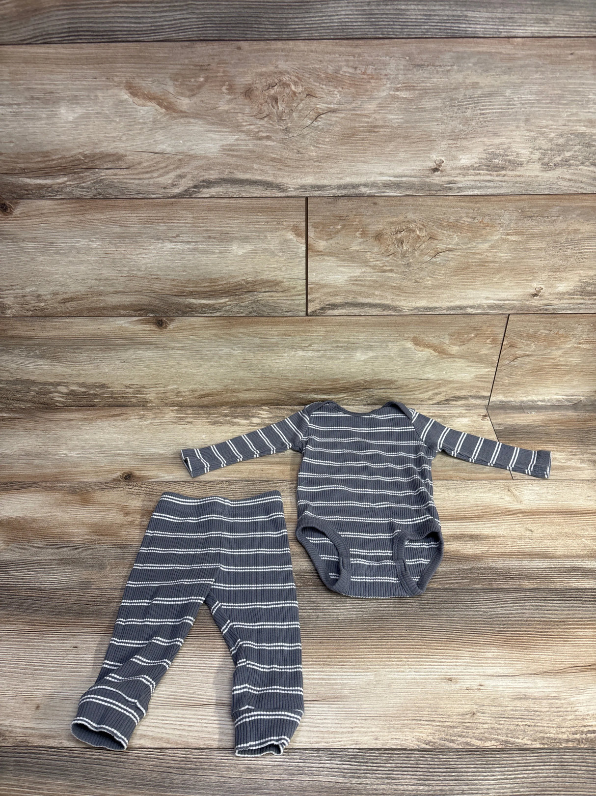 Pekkle 2pc Striped Ribbed Bodysuit & Bottoms Set Grey sz 6m