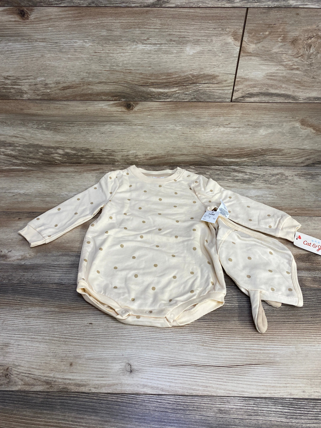 NEW Cat & Jack 2pc Polka Dot Romper & Bonnet Cream sz 18m - Me n Mommy To Be