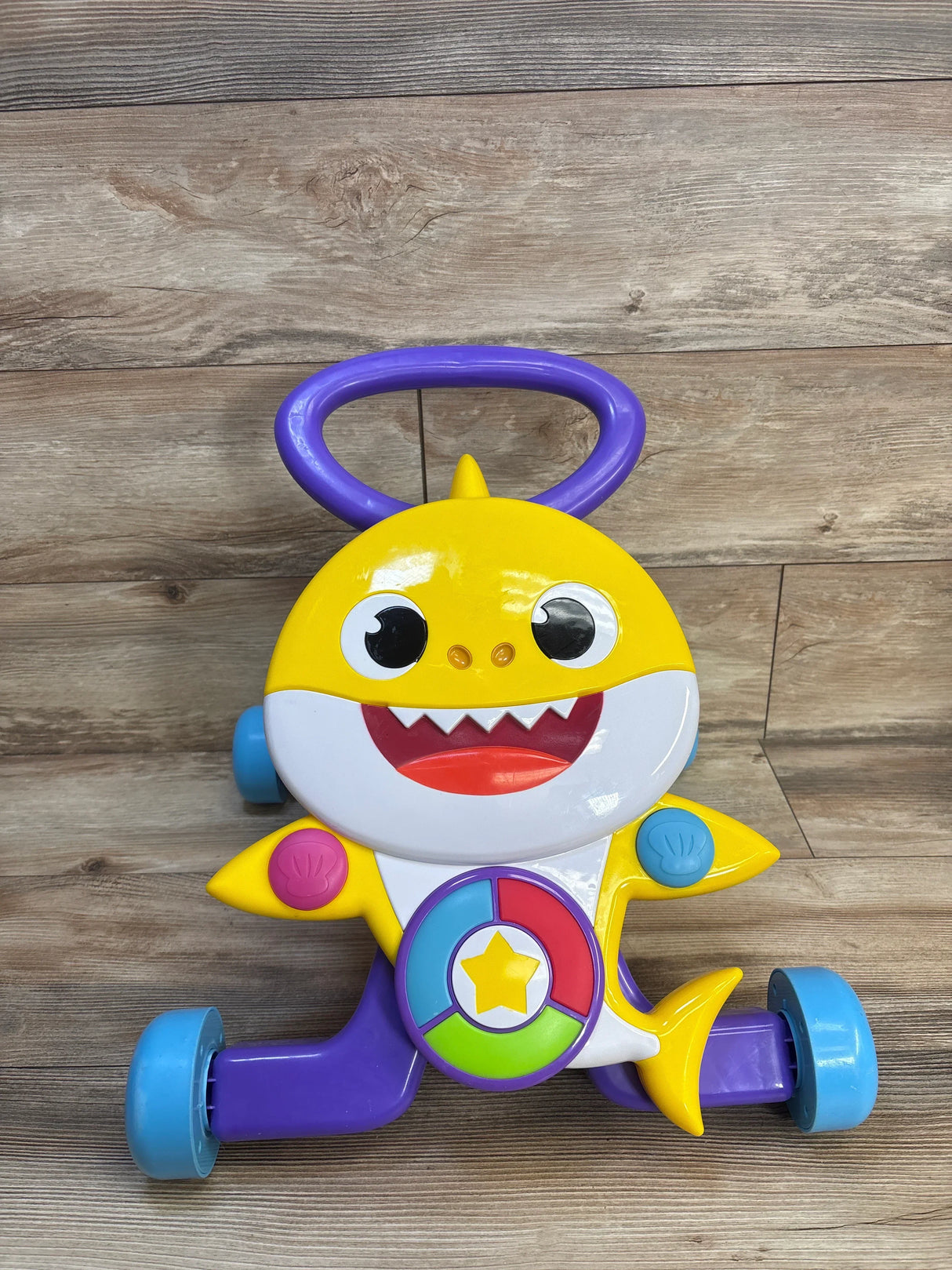 Colorful Baby Shark push toy with wheels and activity panel for toddler learning and play