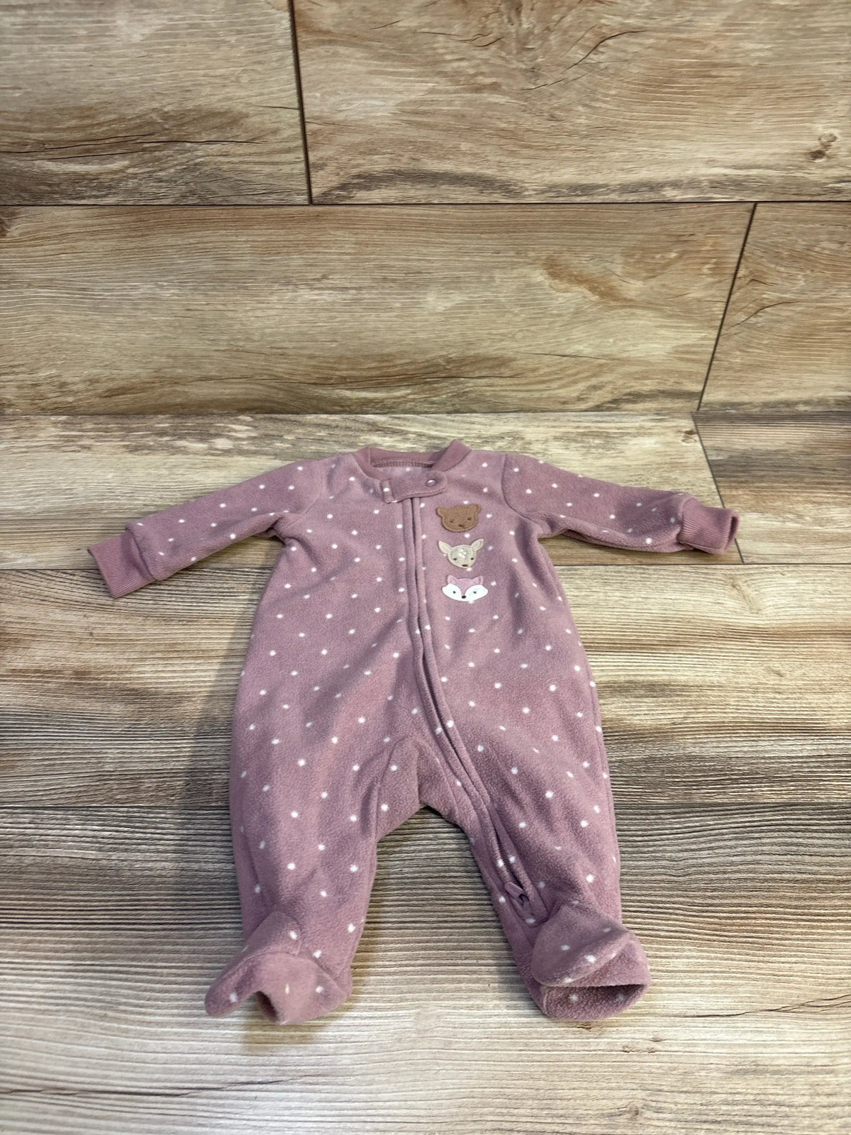 Mauve Just One You newborn blanket sleeper with white polka dots and animal patches