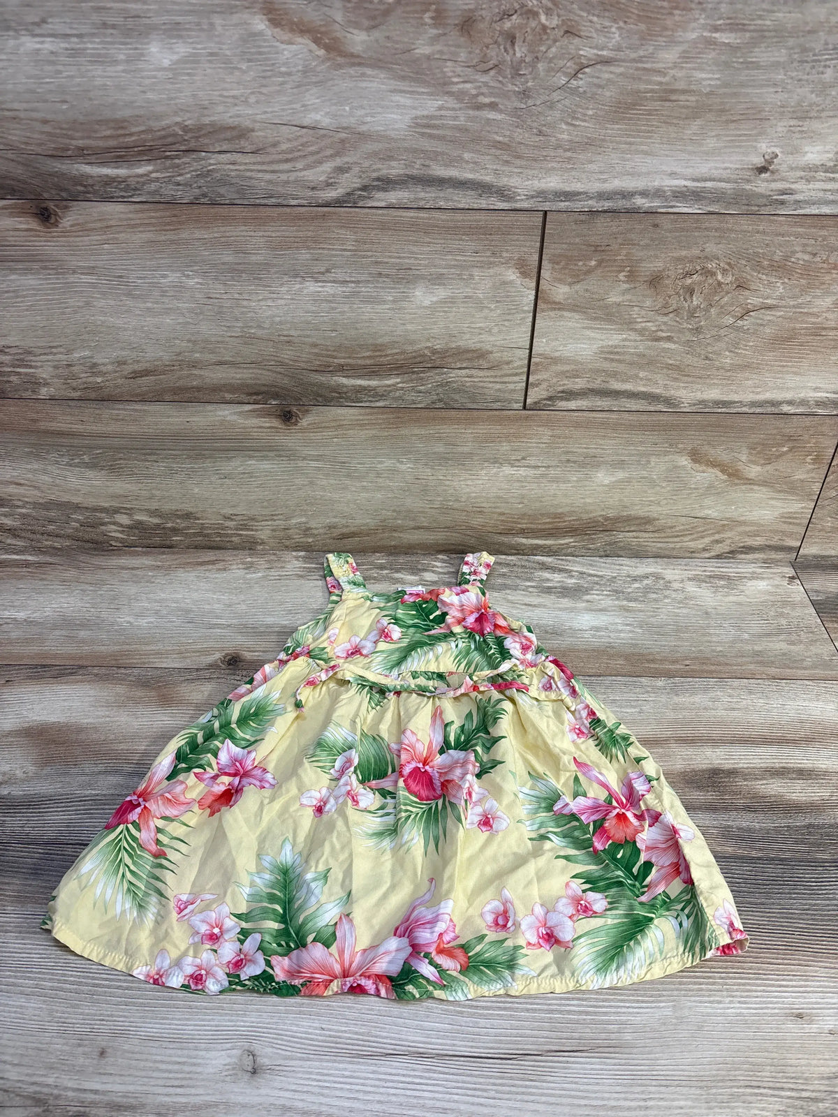 Yellow RJC rayon baby dress with pink floral print and waist tie, size 2T