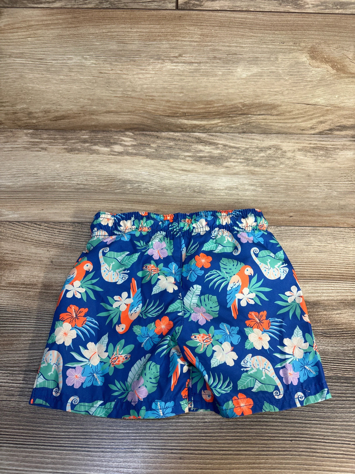 Boys' tropical print shorts with colorful parrots, flowers, and leaves on blue fabric