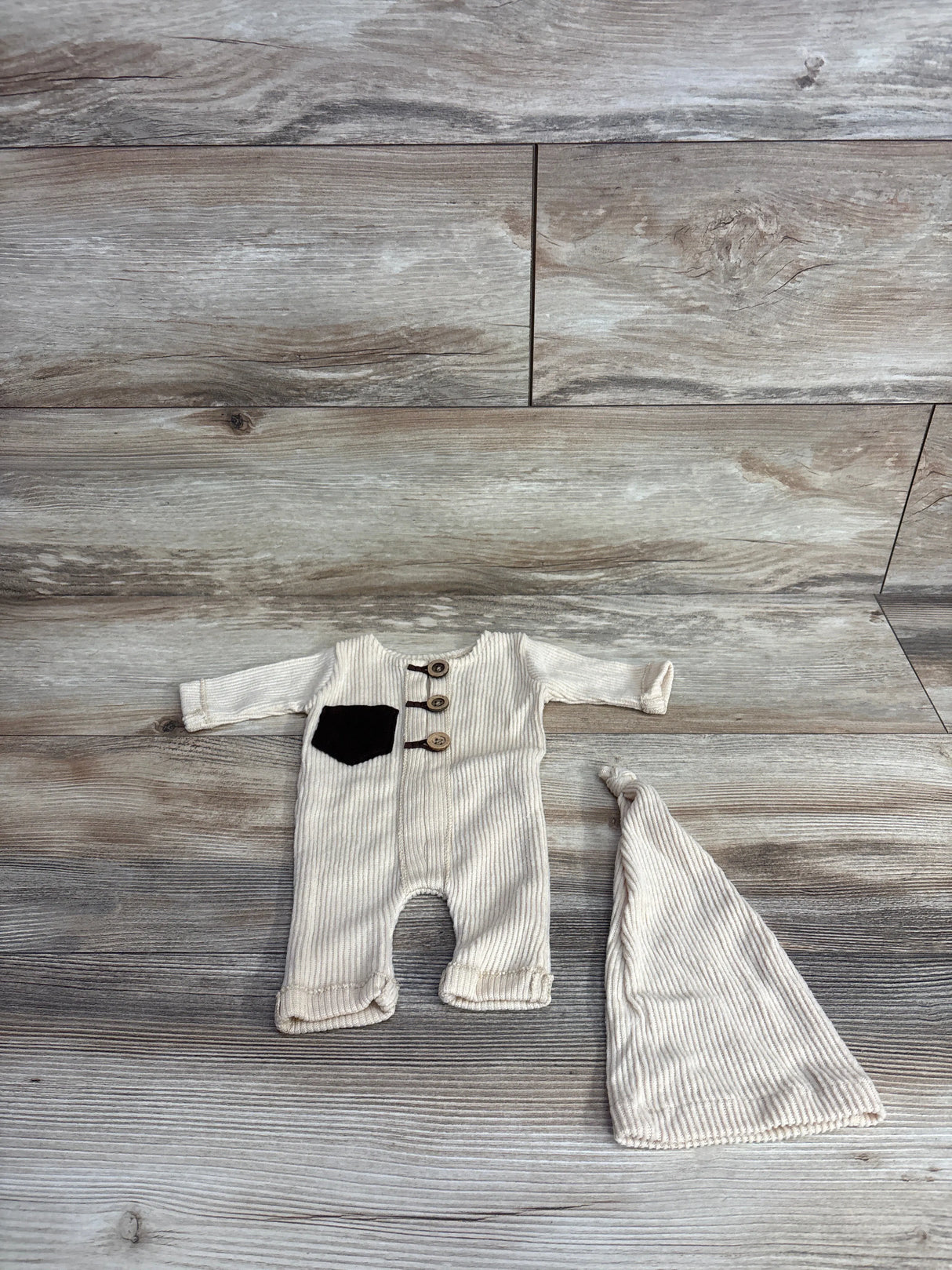 2pc Ribbed Henley Knit Coverall & Knot Hat Set Cream sz 0-3m