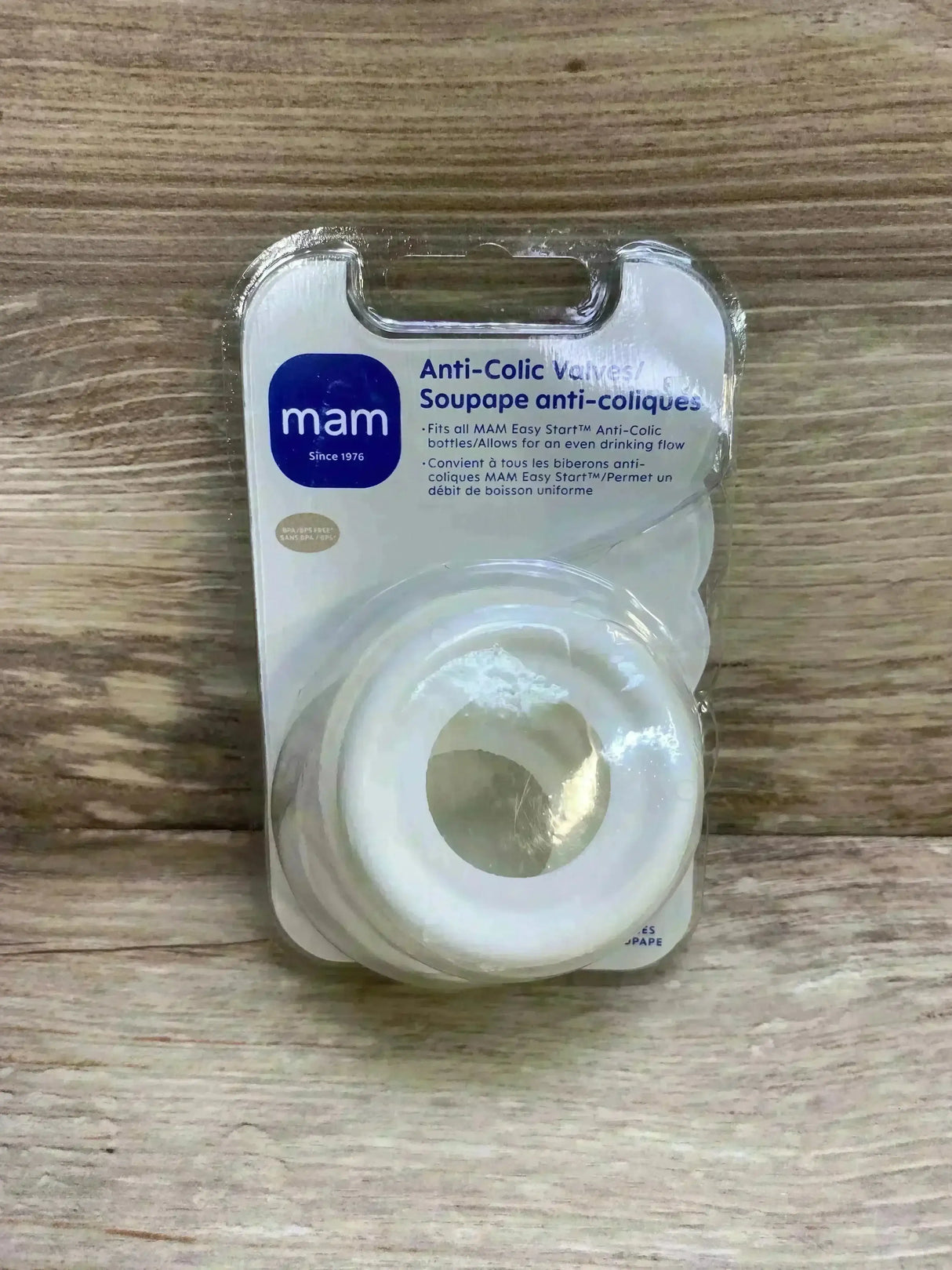 Front of MAM Easy Start 2-count anti-colic valve replacement pack showing two white silicone valves in blister packaging