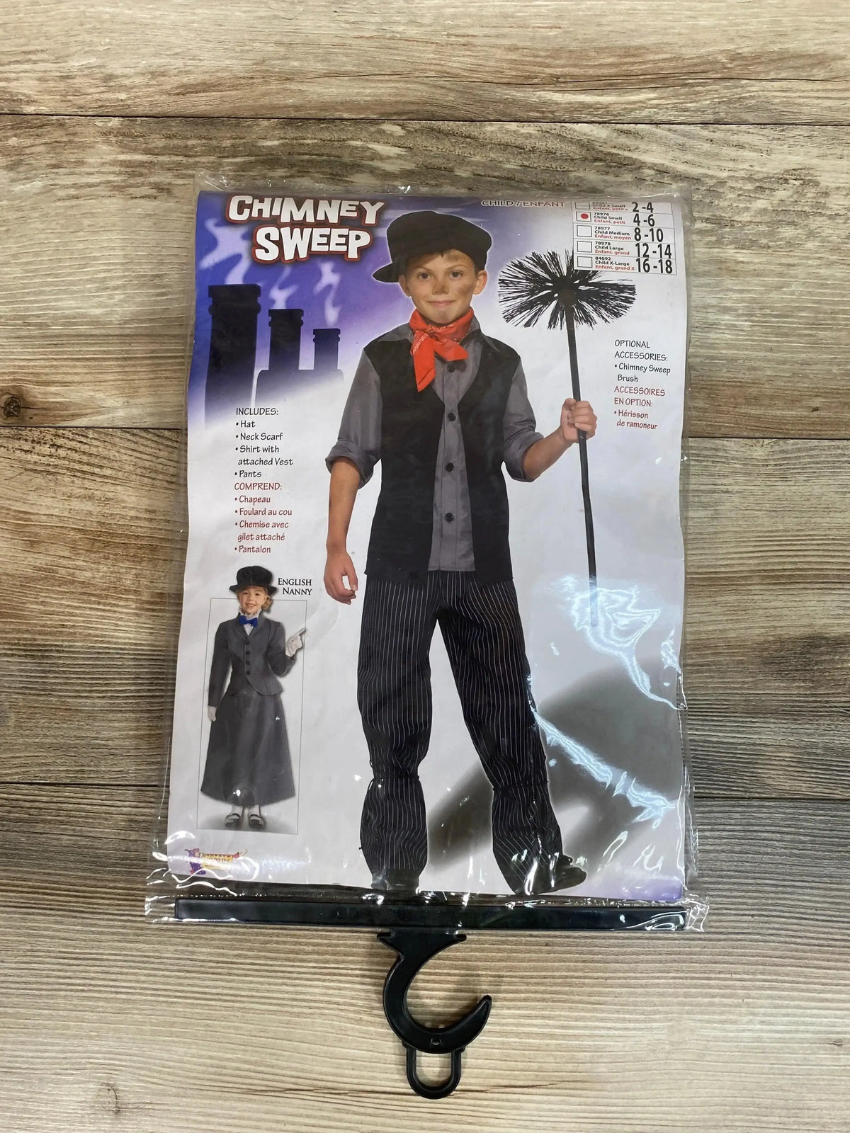 Front view of packaged children’s Chimney Sweep costume, size 4T-6, with hat, red neck scarf, vest, and striped pants