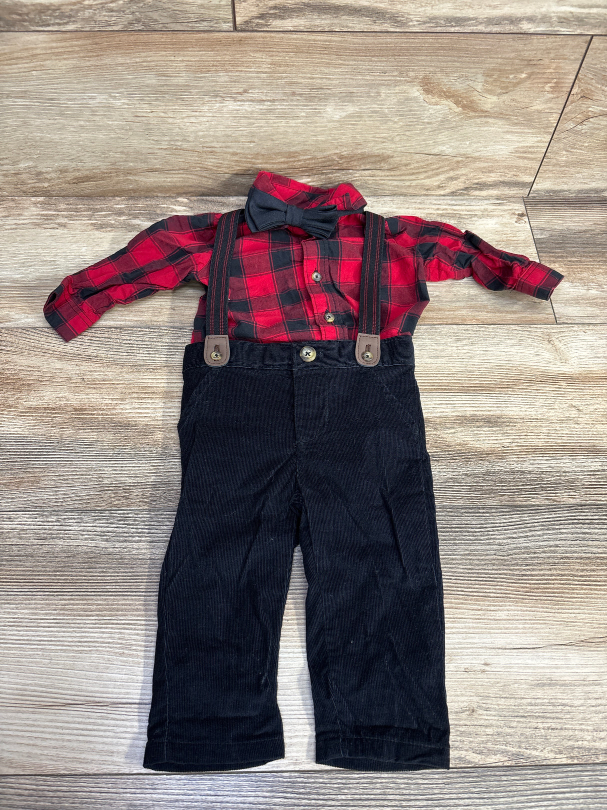 Just One You 3pc Suspender Pants & Plaid Romper Set Red sz 6m