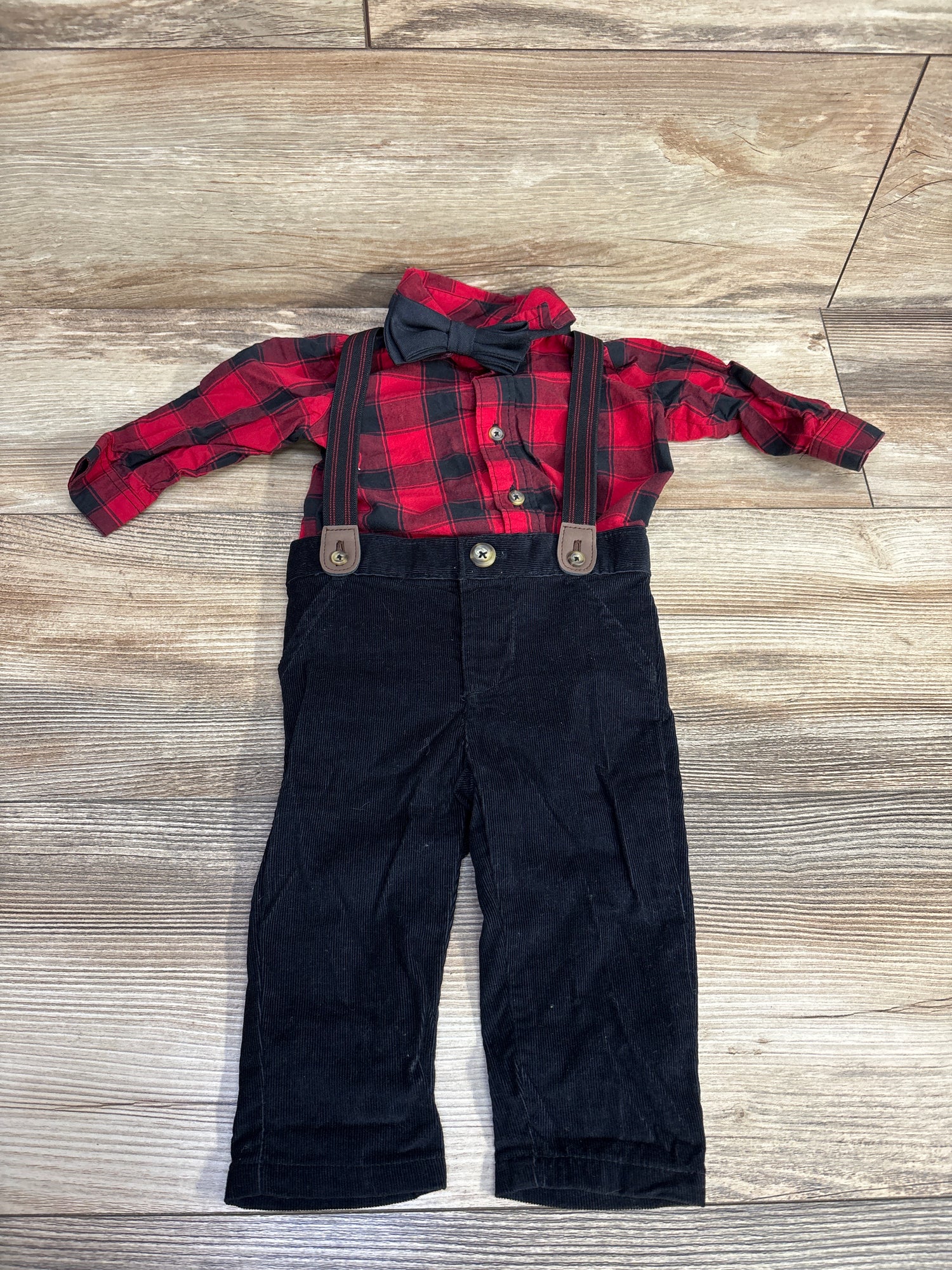 Just One You 3pc Suspender Pants & Plaid Romper Set Red sz 6m