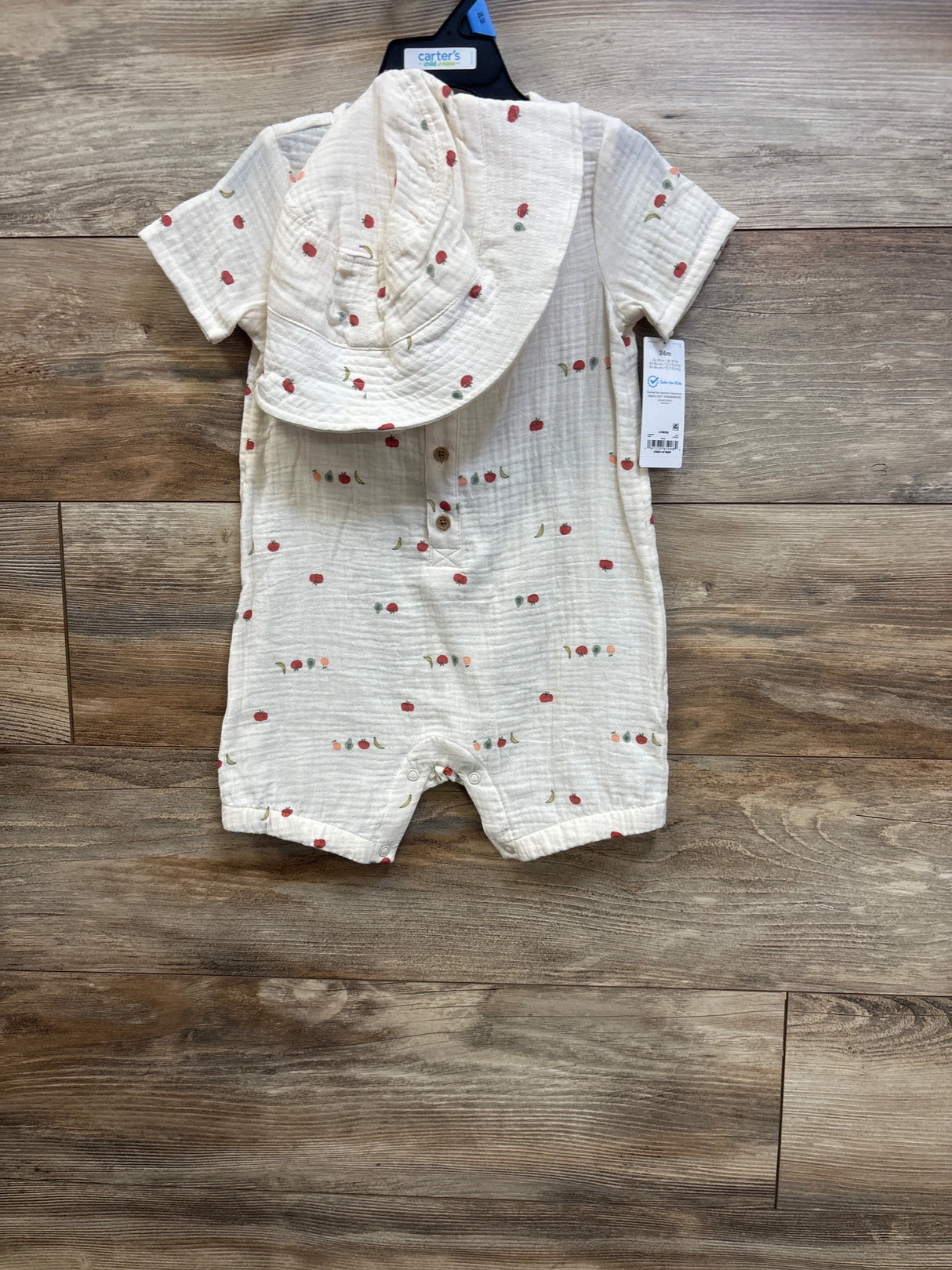 NEW Child Of Mine 2pc Gauze Henley Romper & Bucket Hat Set Ivory sz 24m