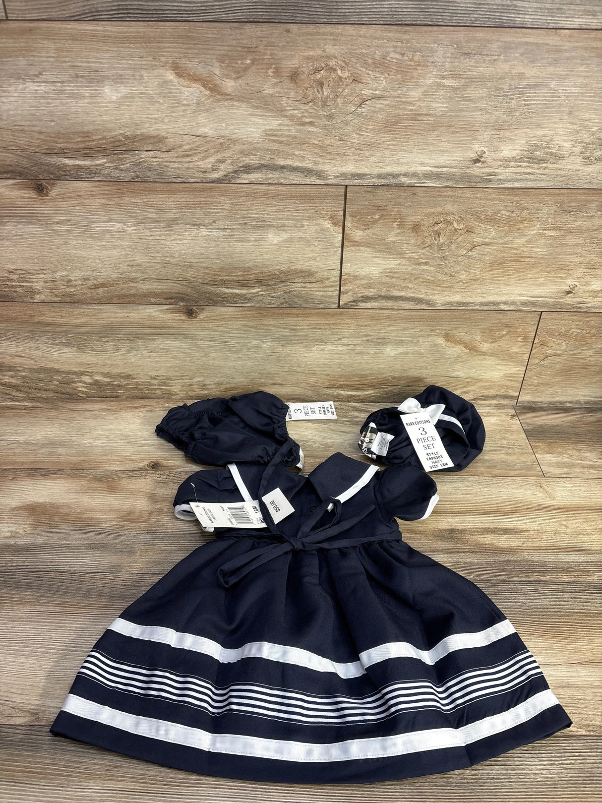 NEW Rare Editions 3pc Collared Nautical Dress, Cap, & Bloomers Set Navy sz 18m