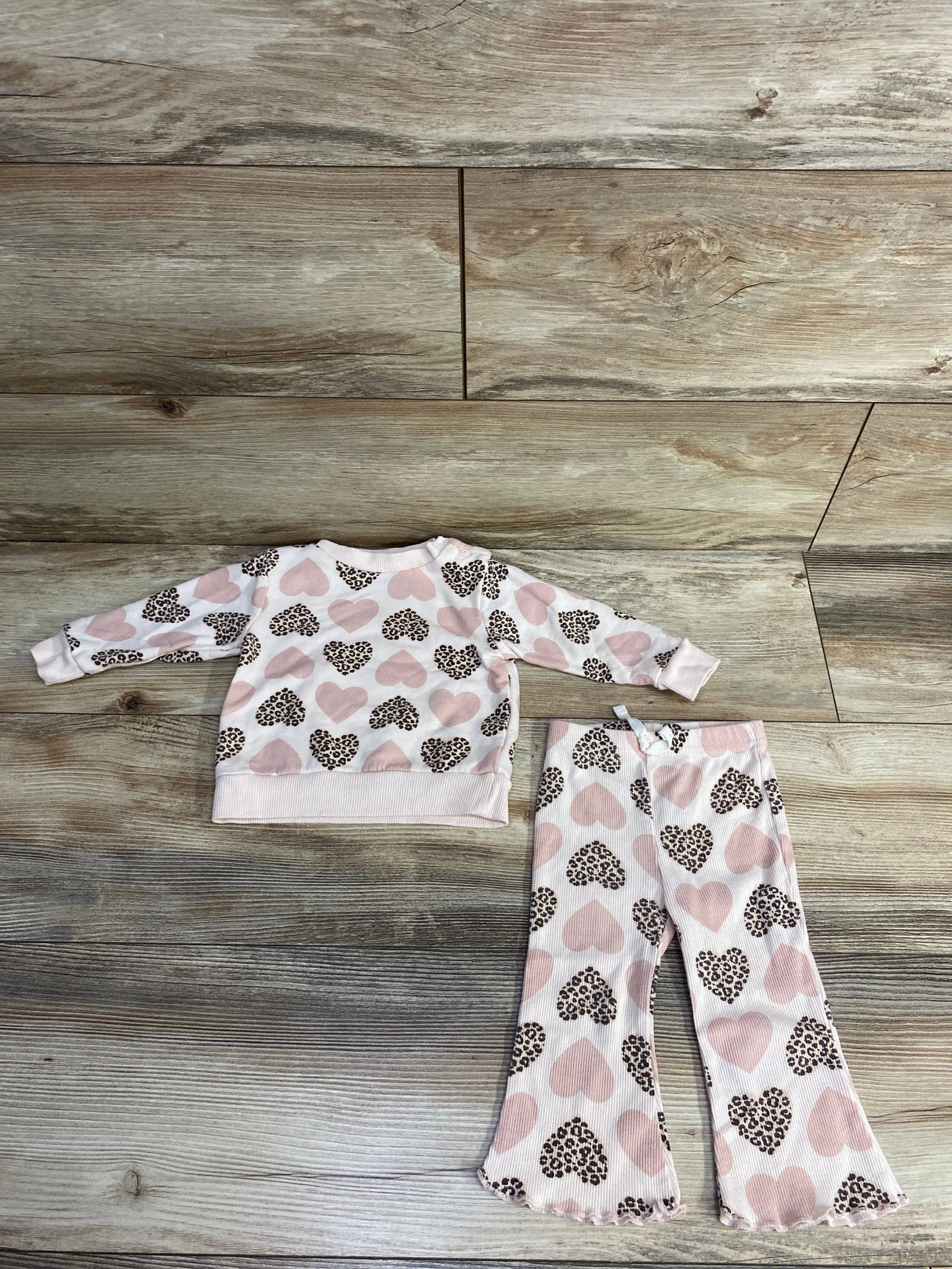Bon Bebe 2pc Leopard Heart Shirt & Ribbed Pants Set Pink sz 6-9m