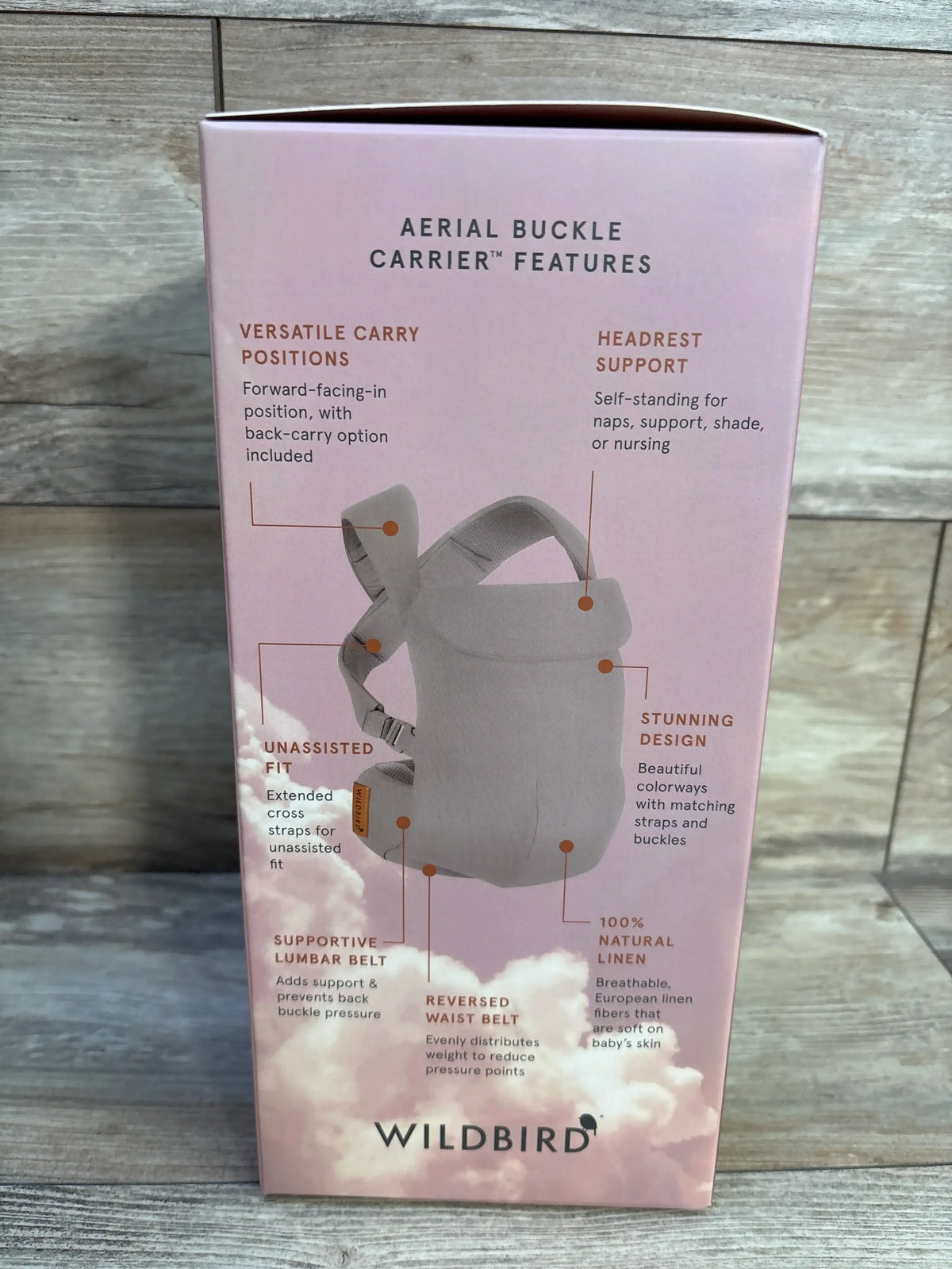 WildBird Aerial Buckle Carrier features versatile carry positions, headrest support, lumbar belt, and natural linen