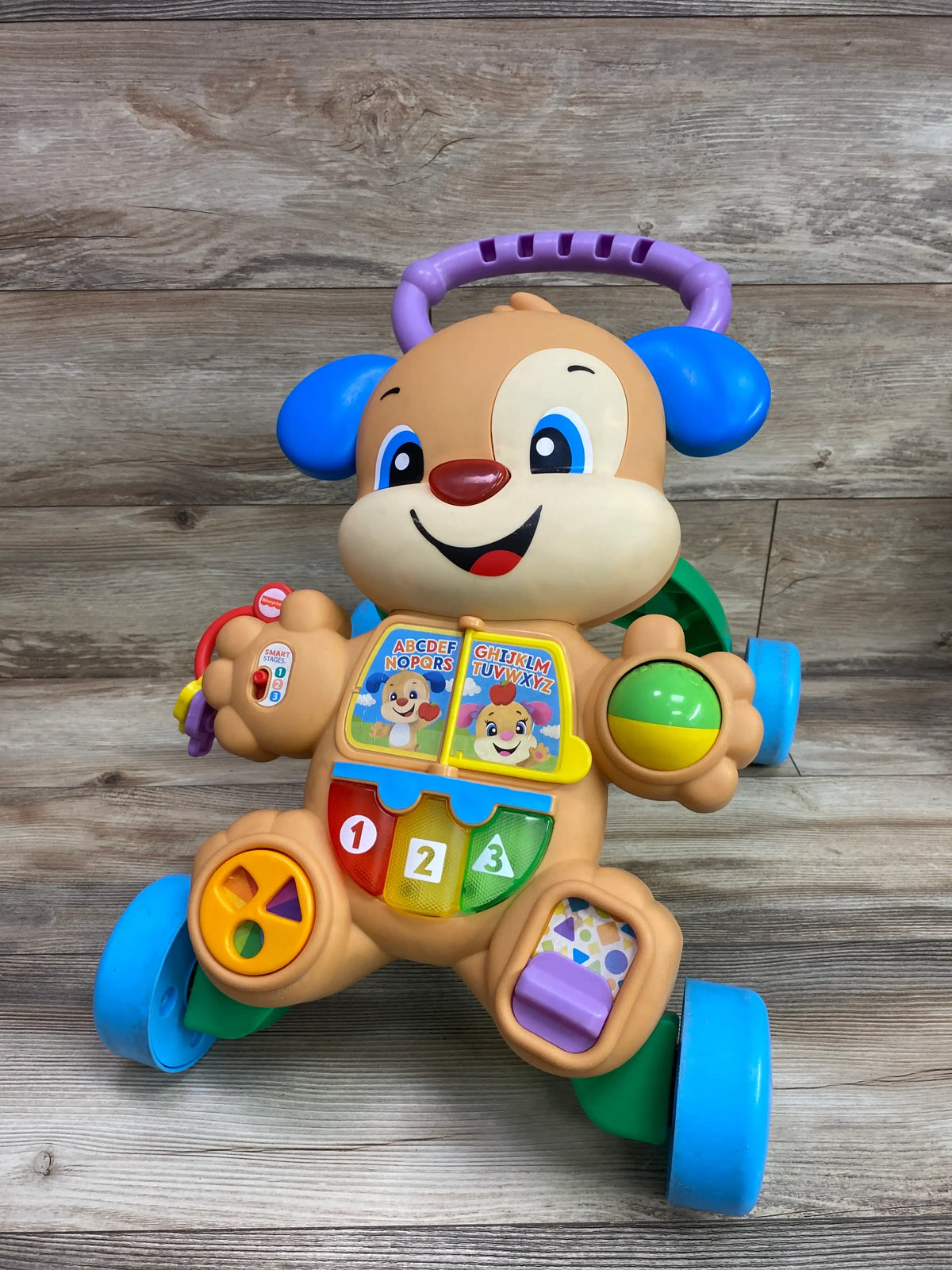 Front view of Fisher Price Laugh and Learn Smart Stages Learn With Puppy Walker showing activity panels on a wood background